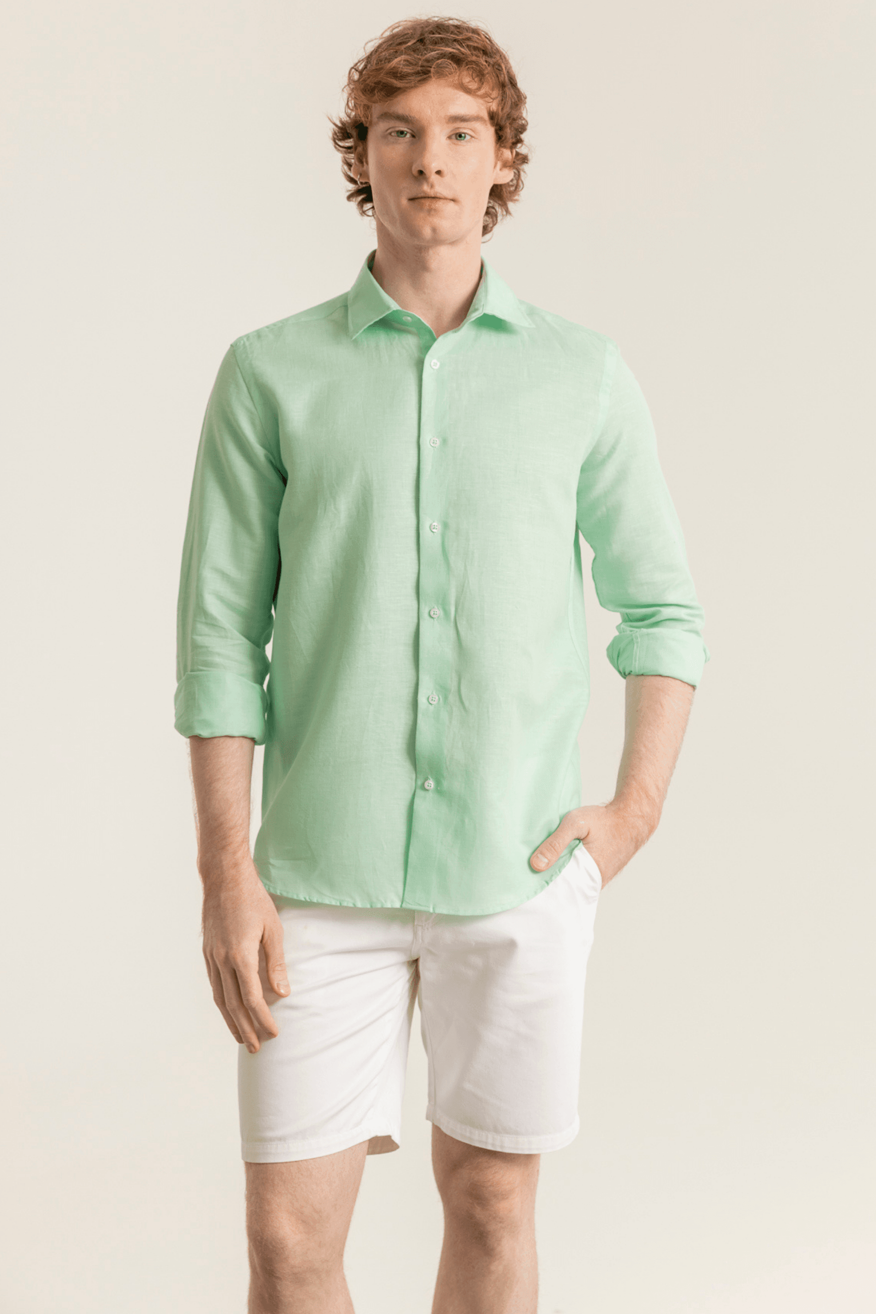 %100 Keten Düğmeli Yaka Modern Fit Casual Cepsiz Gömlek - Mint