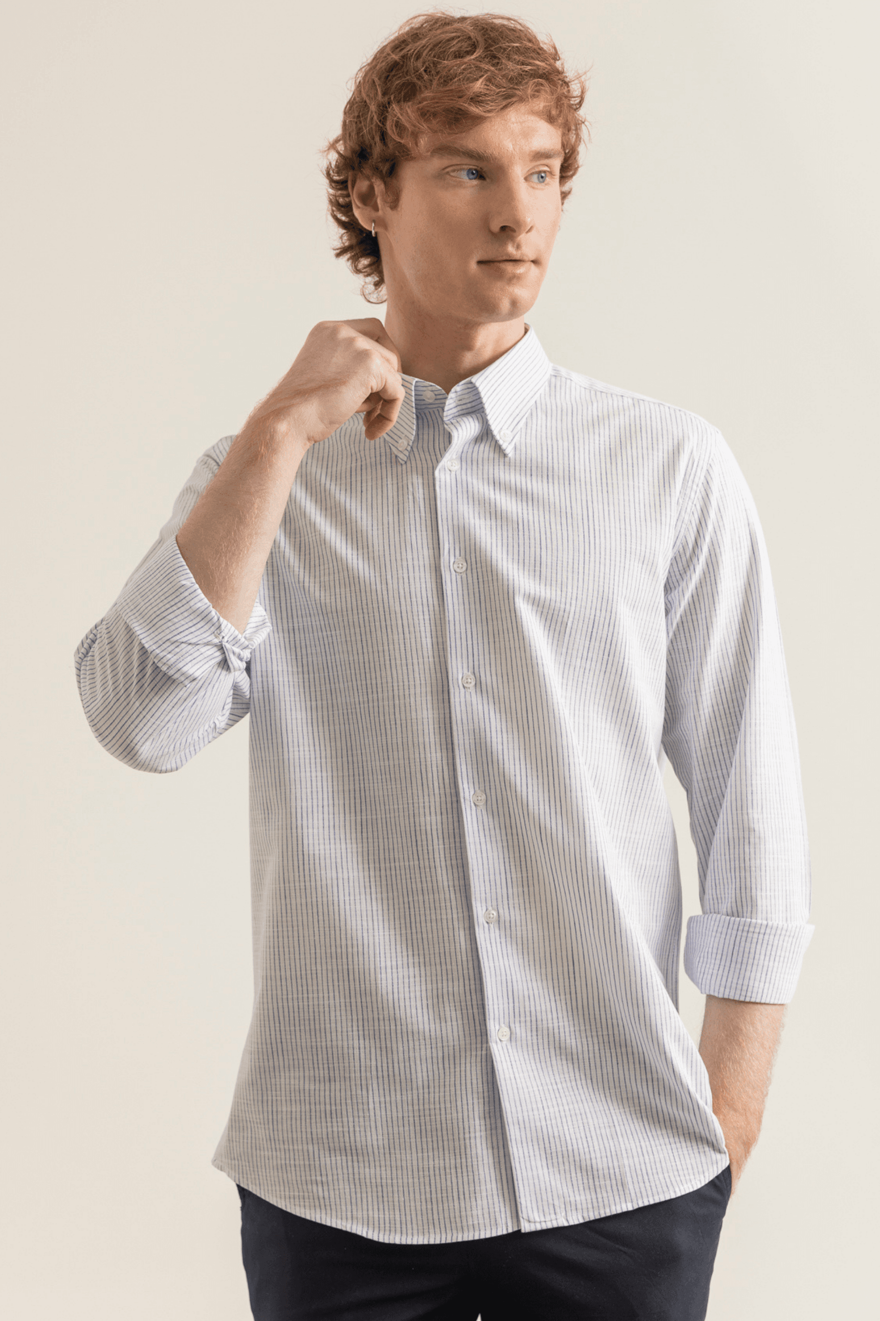 Striped Linen-Look 100% Organic Cotton Button-Down Collar Modern Fit No-Pocket Shirt