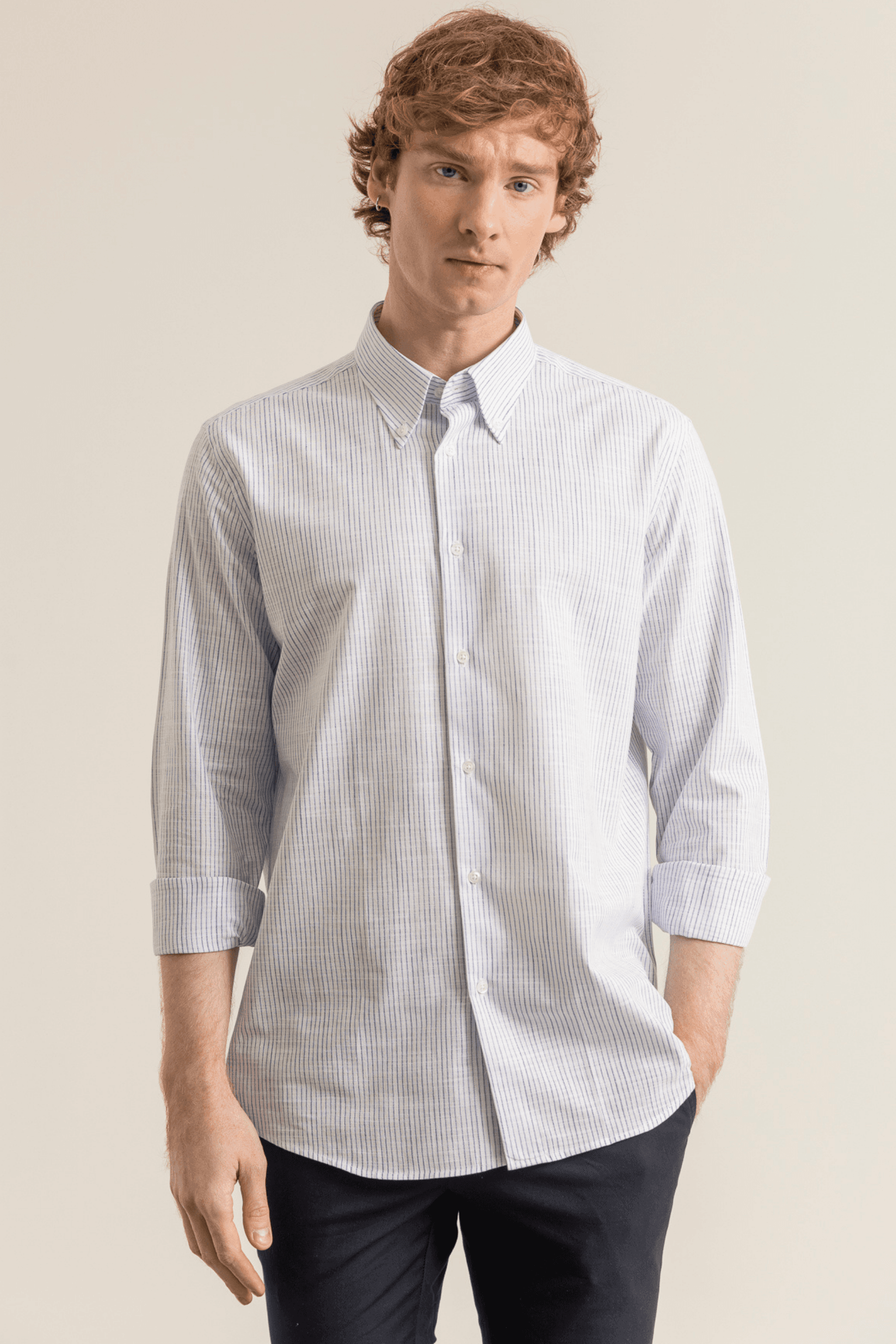 Striped Linen-Look 100% Organic Cotton Button-Down Collar Modern Fit No-Pocket Shirt