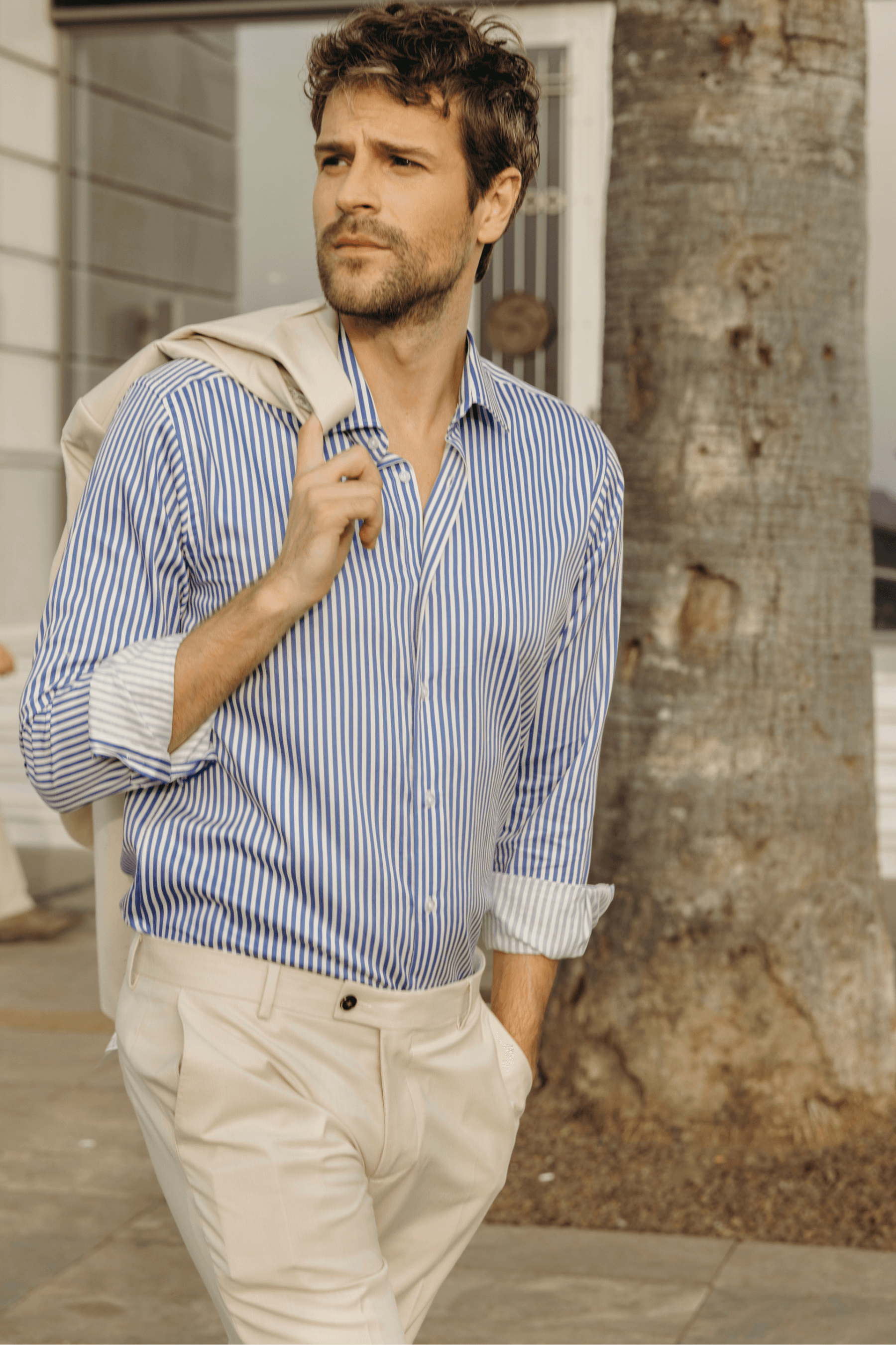 100% Cotton Satin Striped Easy Care Iron-Free Casual Modern Fit Long Sleeve Shirt Without Pockets - Mavi