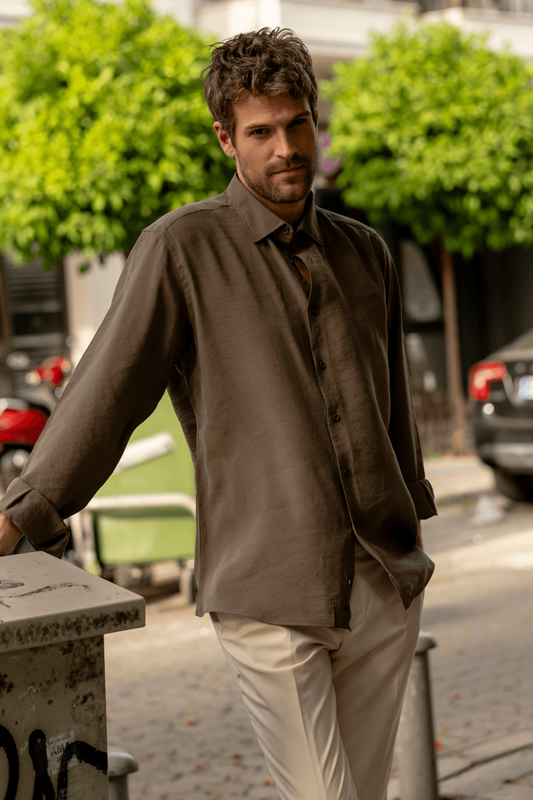 Modal Special Weave Summer Button-Down Collar No-Pocket Casual Modal Shirt - Haki