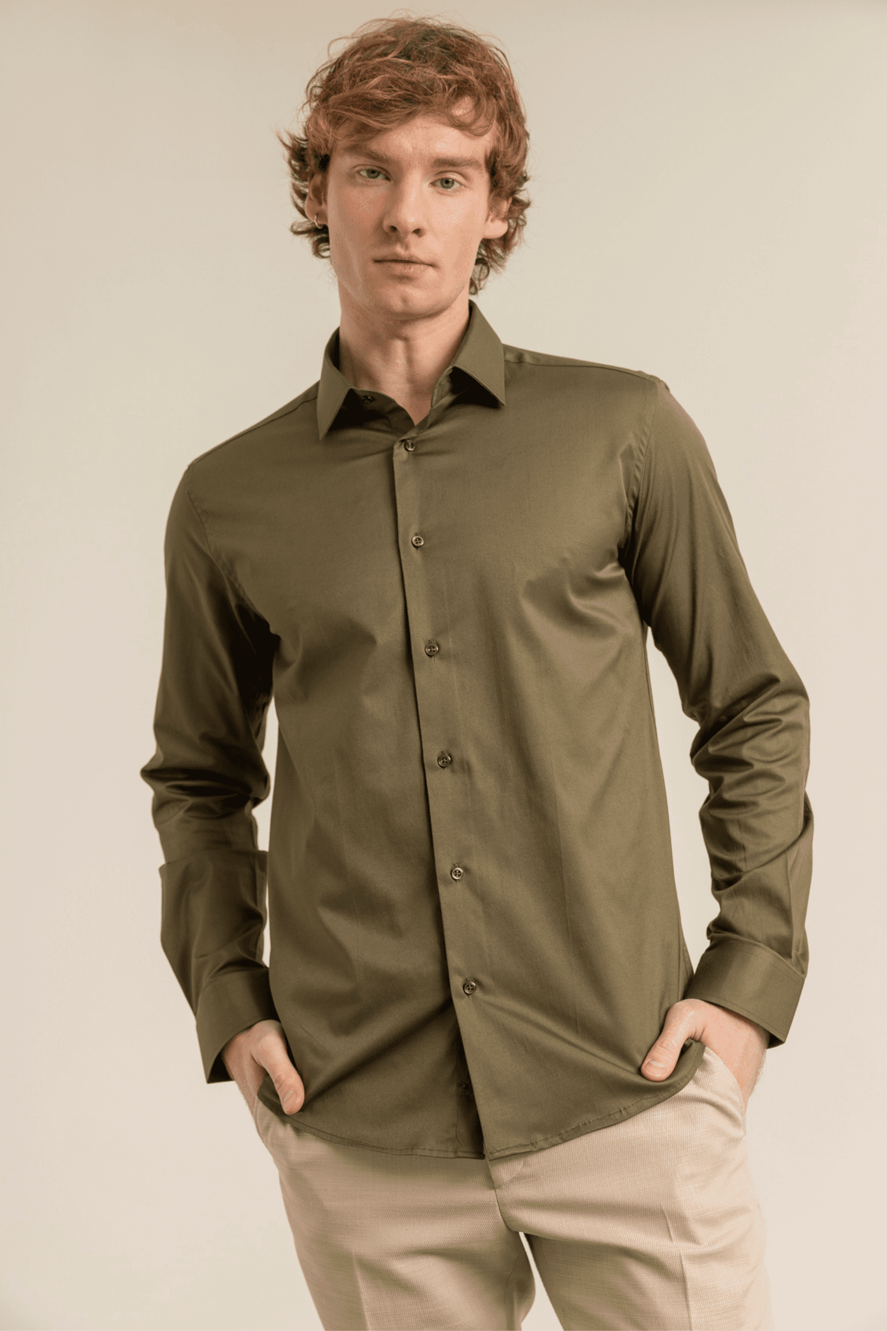 100% Cotton Satin Non-Iron Casual Modern Fit Shirt Without Pockets - Haki