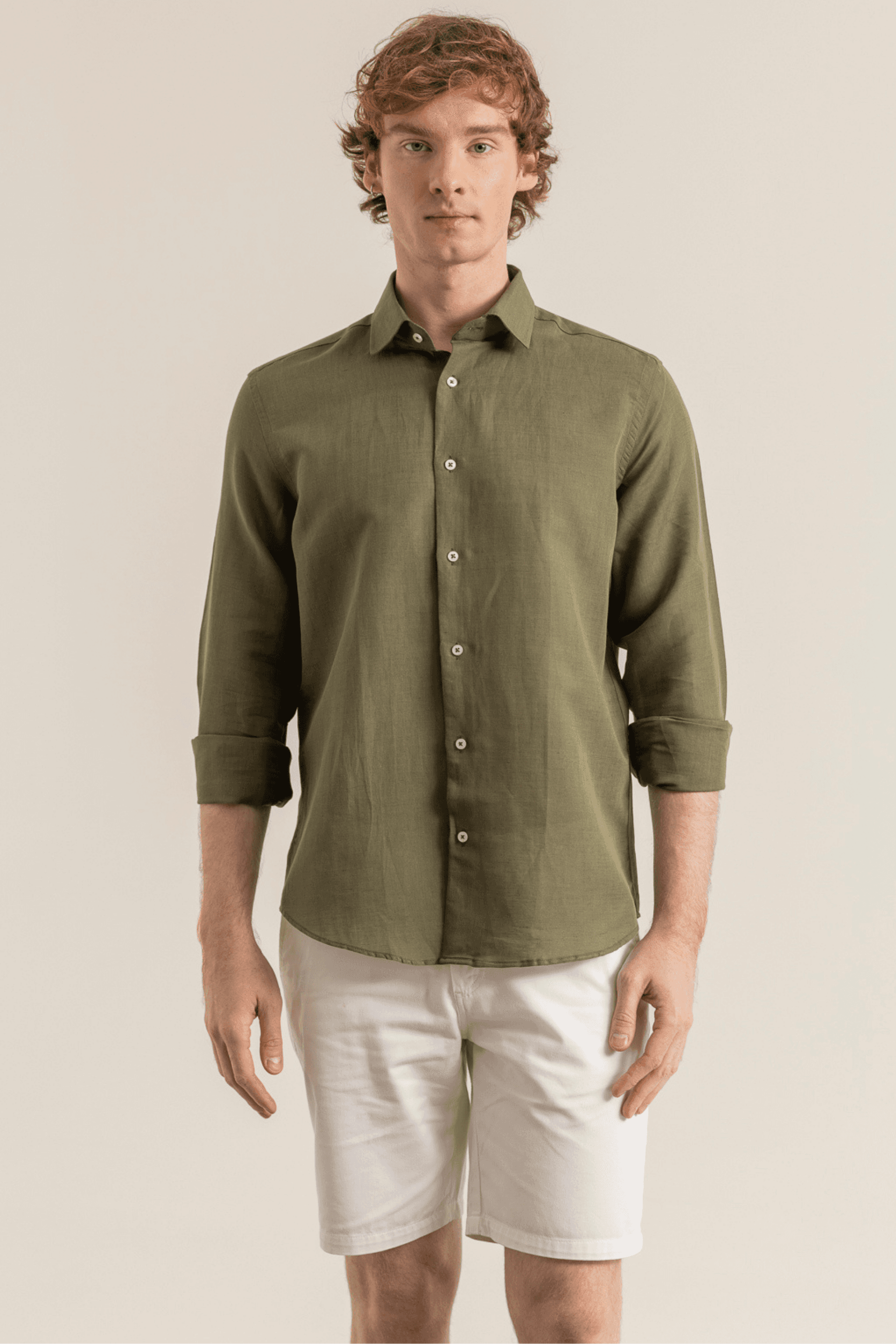 100% Linen Button-Down Collar Modern Fit Casual Shirt Without Pockets - Haki