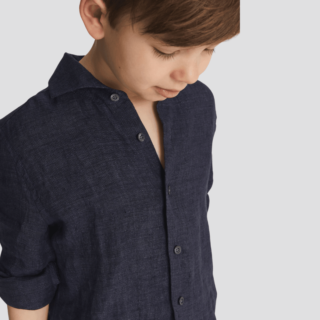 100% Linen Button-Down Collar Kids' Shirt - Lacivert