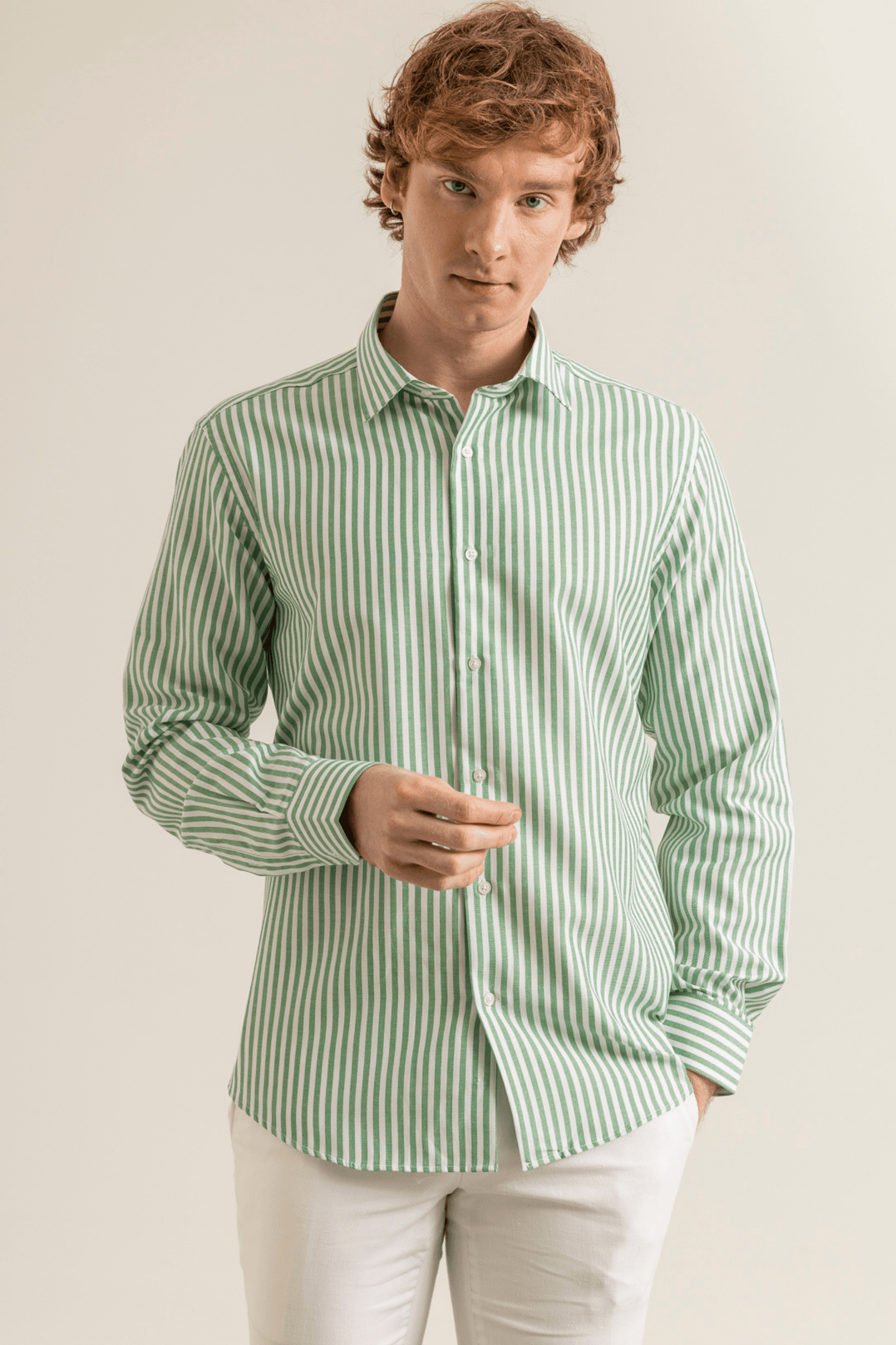 Striped Cotton Oxford Chambray Easy-Iron Modern Fit No-Pocket Shirt - Yeşil