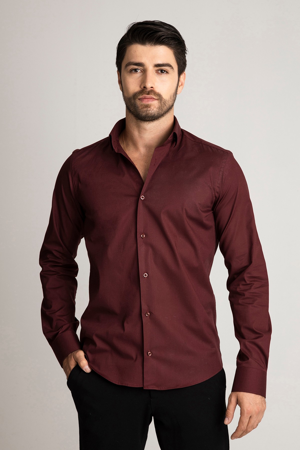 100% Cotton Satin Non-Iron Casual Modern Fit Shirt Without Pockets - Bordo