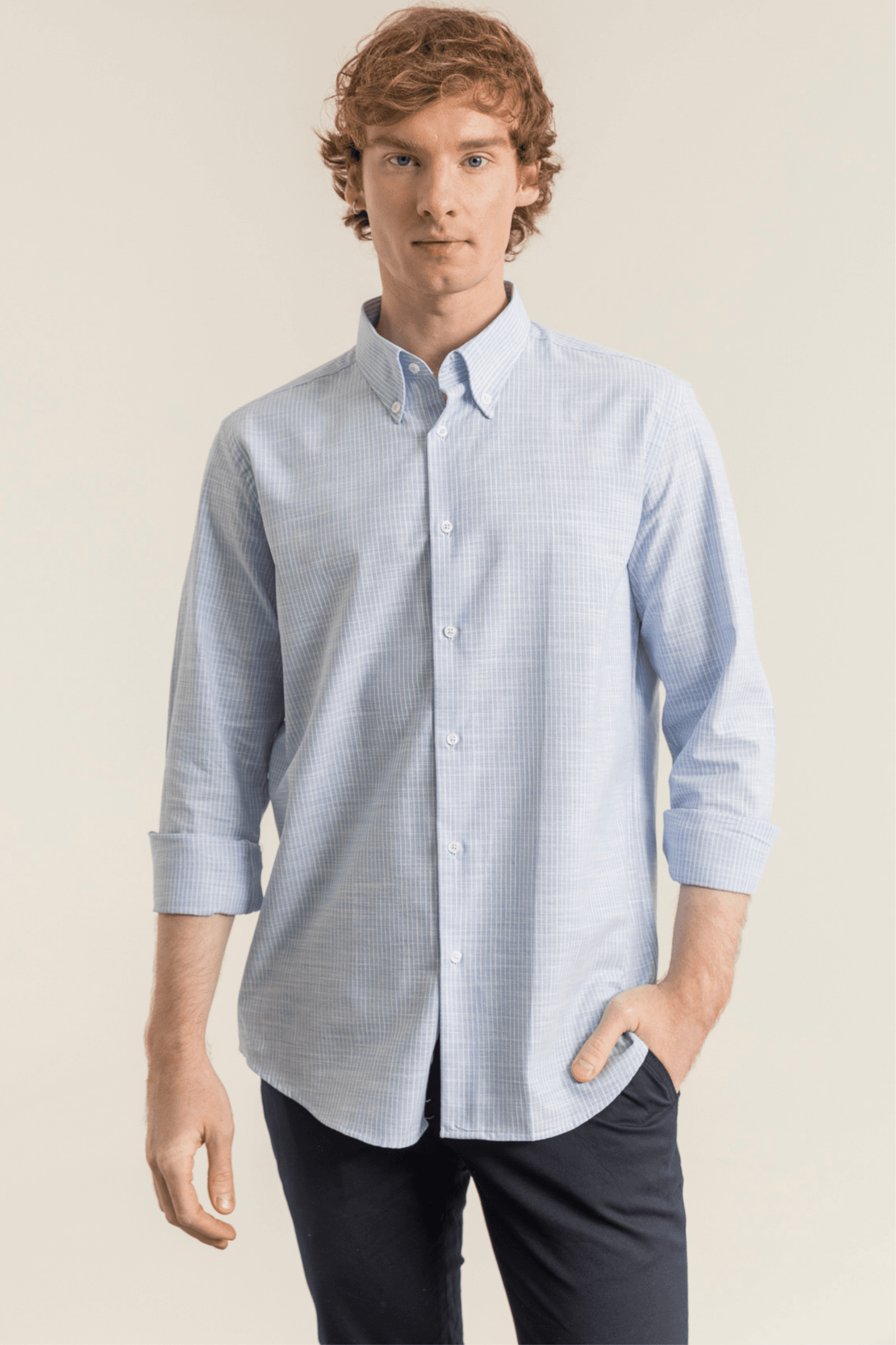 Striped Linen-Look 100% Organic Cotton Button-Down Collar Modern Fit No-Pocket Shirt - Buz Mavisi