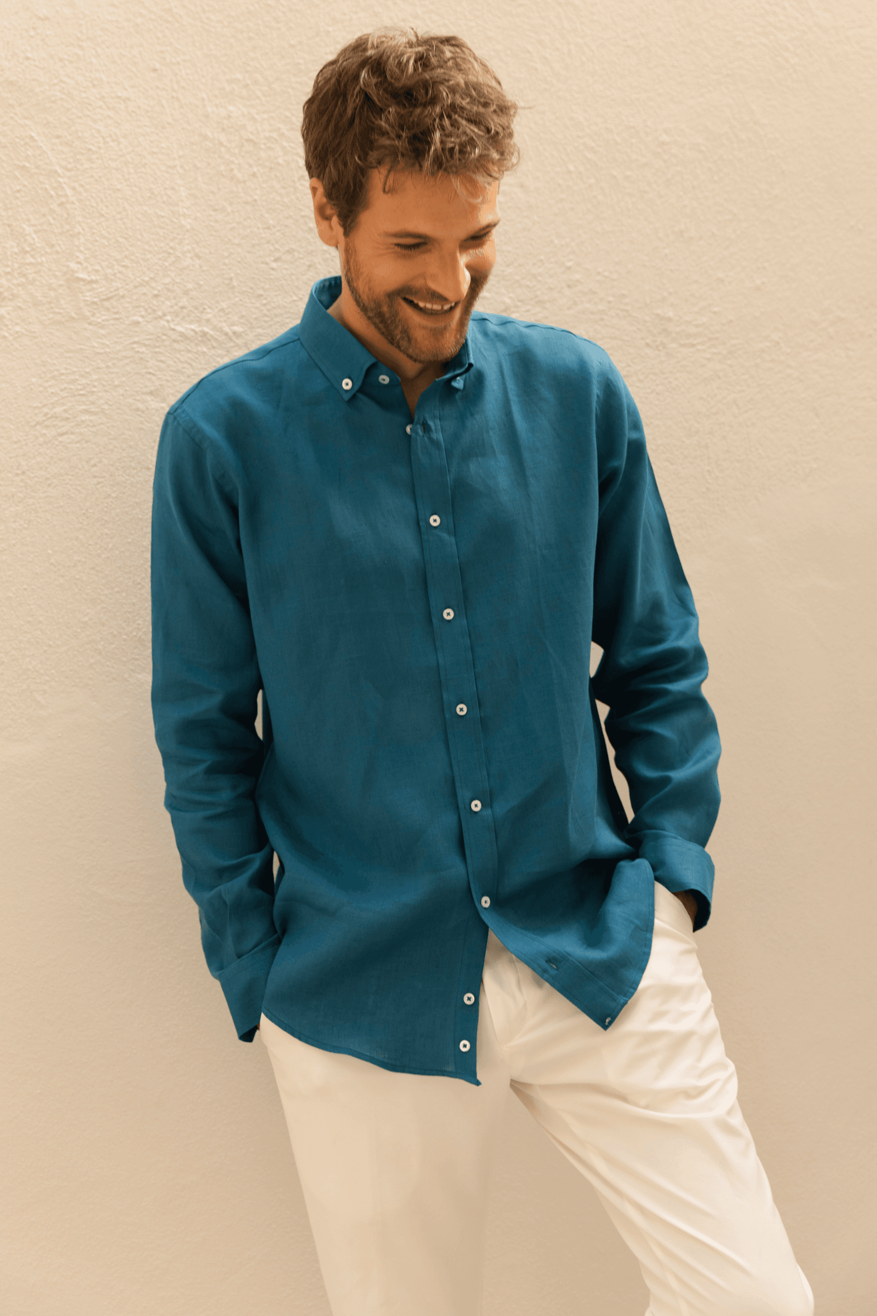 100% Linen Button-Down Collar Modern Fit Casual Shirt Without Pockets