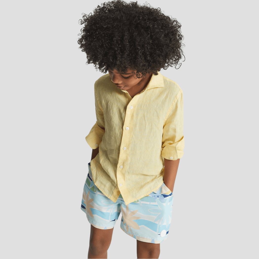 100% Linen Button-Down Collar Kids' Shirt - Sarı