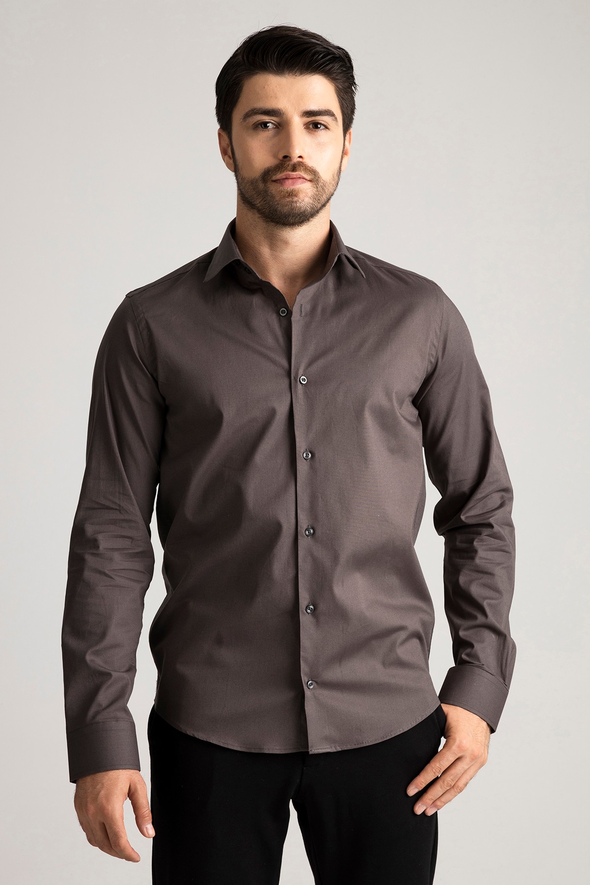 100% Cotton Satin Non-Iron Casual Modern Fit Shirt Without Pockets - Antrasit