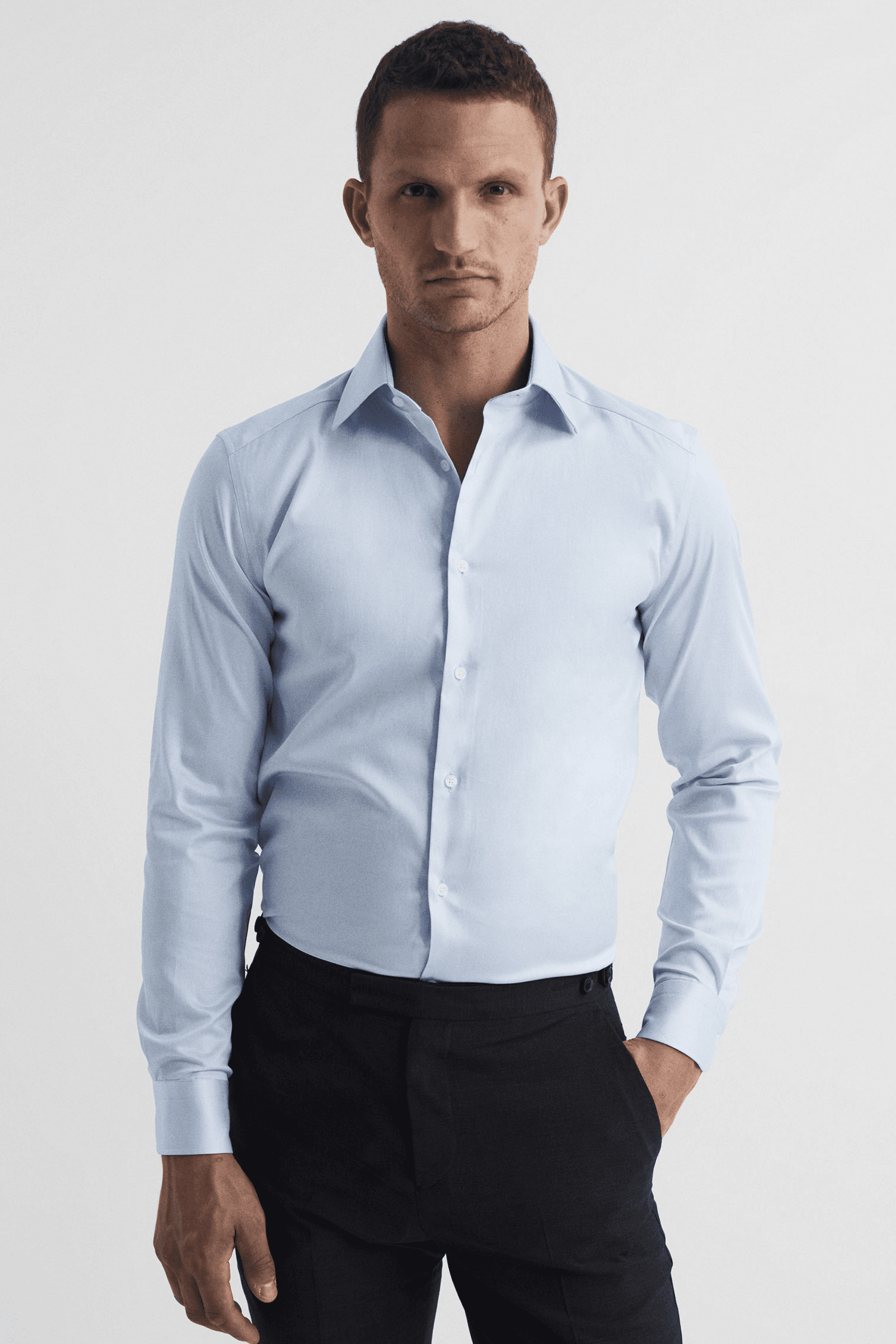 %100 Pamuk Saten Non-Iron Ütü İstemeyen Casual Cepsiz Modern Fit Gömlek - Buz Mavi 