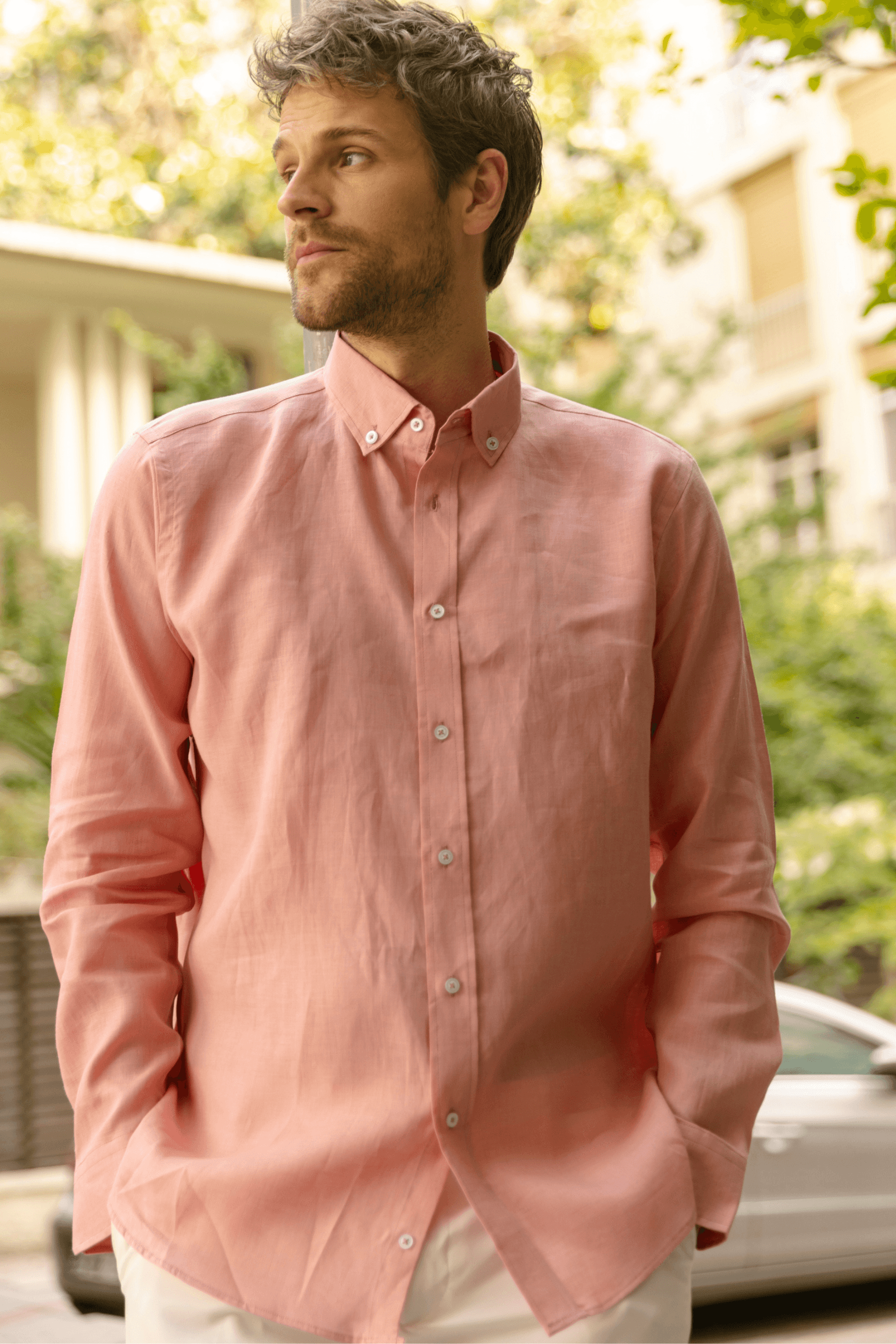 %100 Keten Düğmeli Yaka Modern Fit Casual Cepsiz Gömlek - Toz Pembe