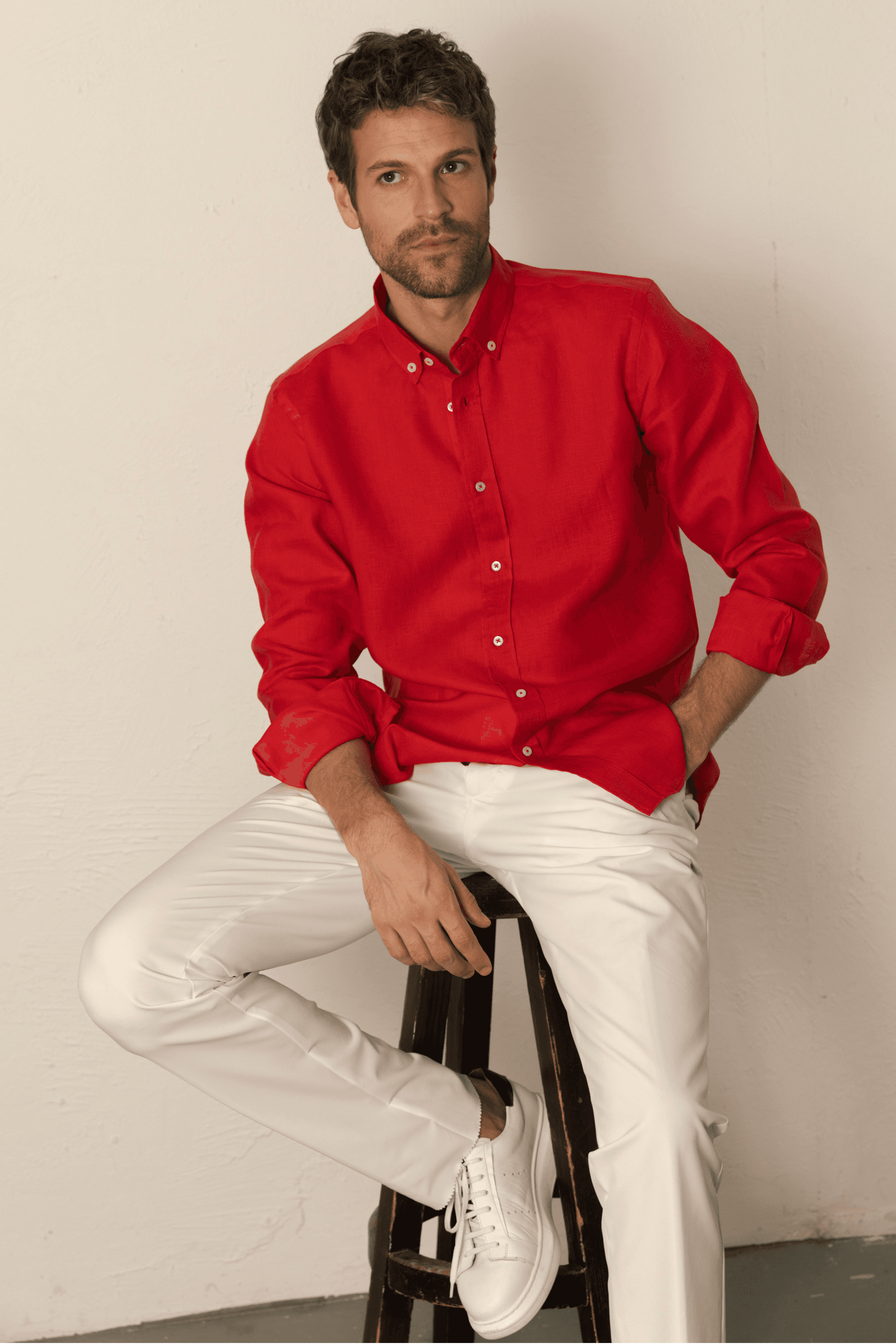 100% Linen Button-Down Collar Modern Fit Casual Shirt Without Pockets - Kırmızı