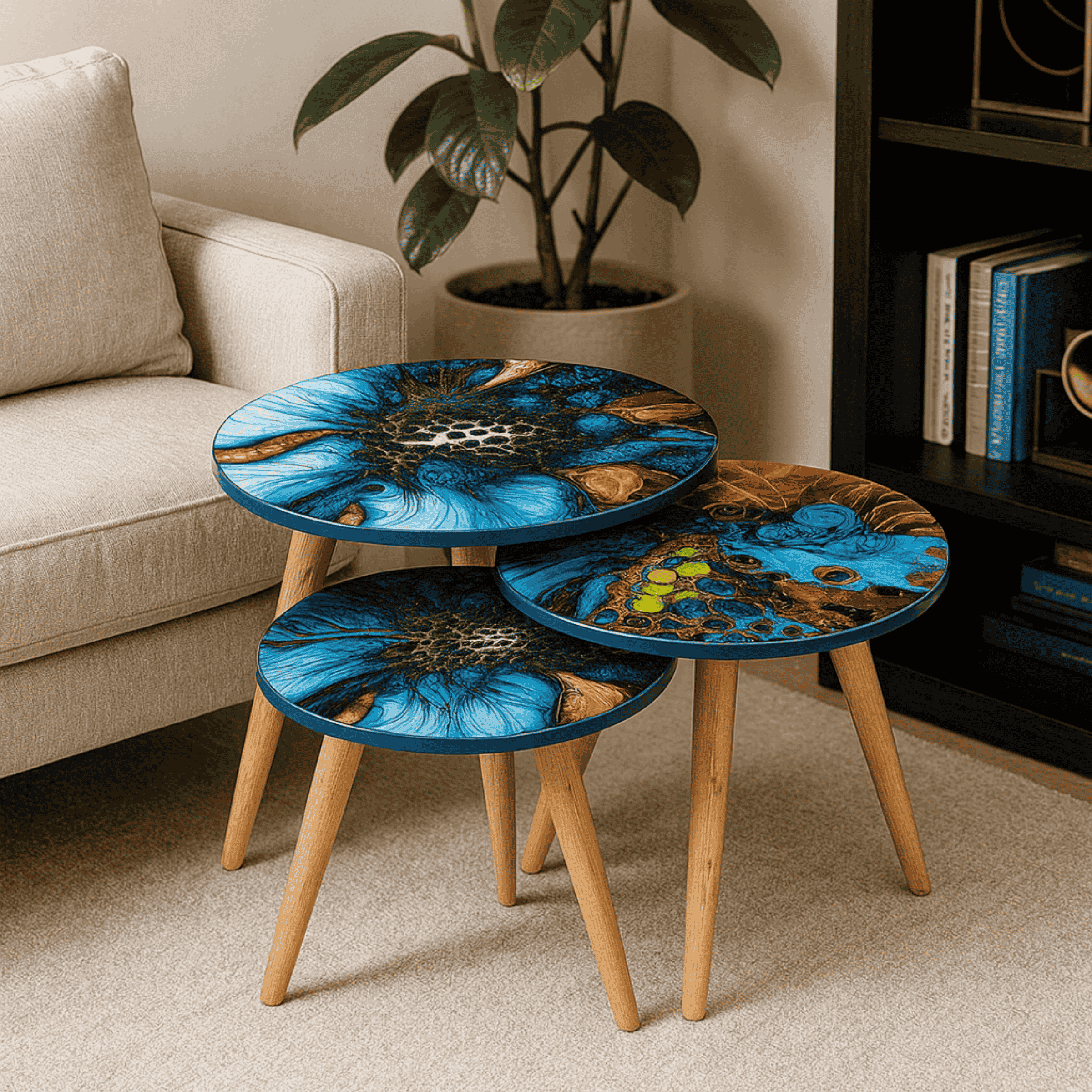 Uv Dijital Baskılı Desenli Cam Zigon Sehpa – Ahşap Ayaklı (3’lü Set)