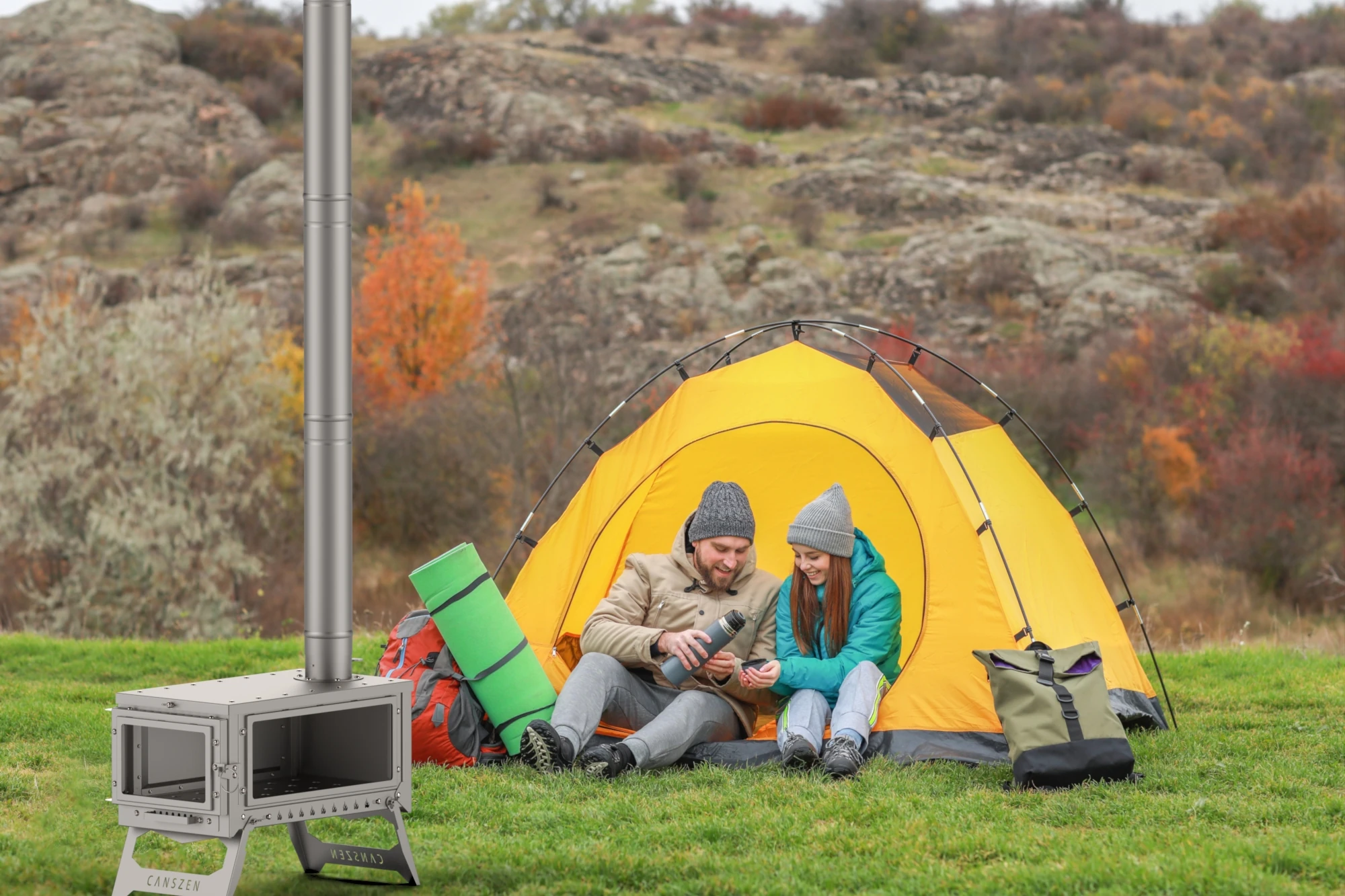 ZENRON Mangal Izgaralı Katlanır  Kamp Sobası | Camlı Portatif Çadır Sobası  - İNOX