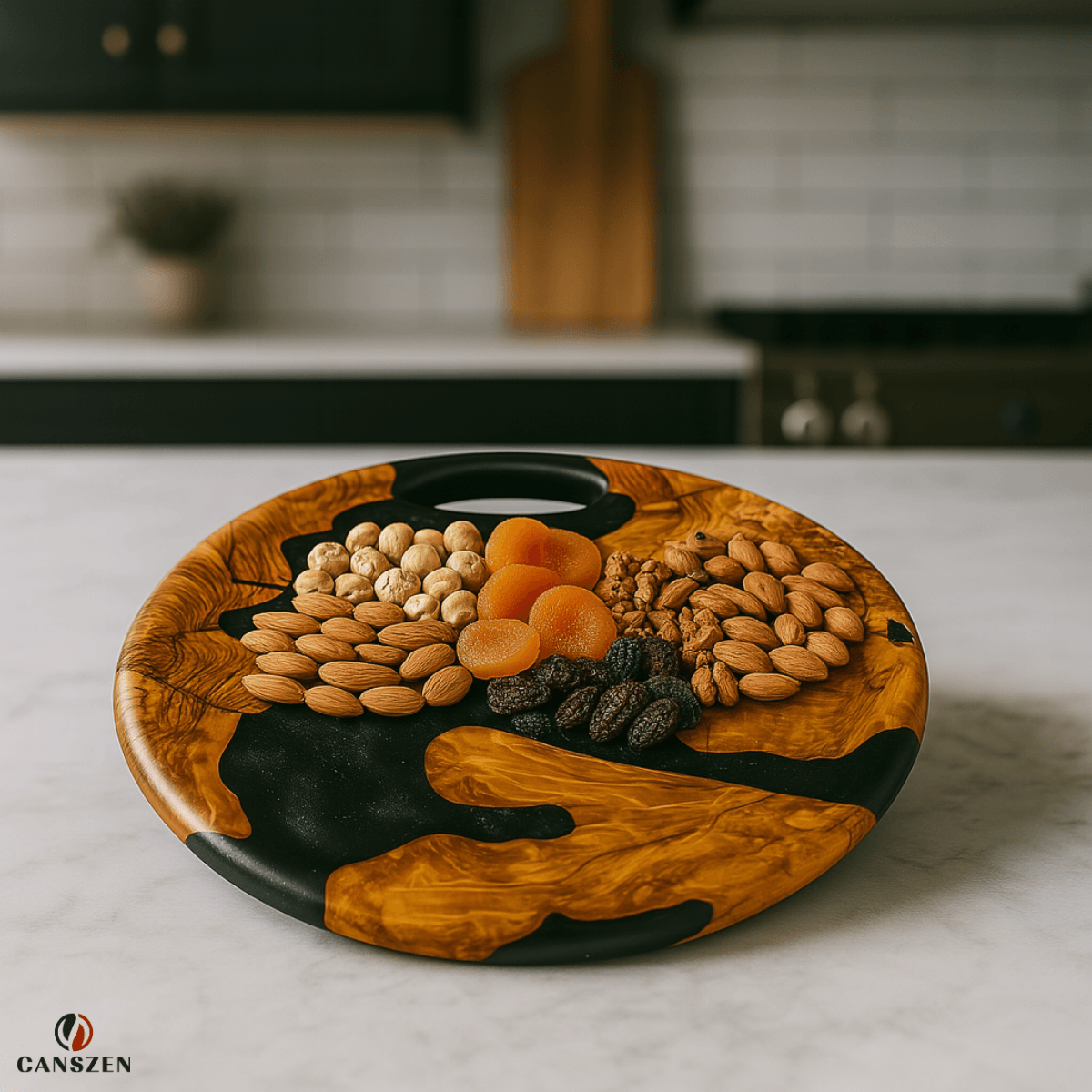 Zeytin Ağacı Epoksi Yuvarlak Sunum Tahtası | El Yapımı Ahşap Sunum Tabağı - TASARIM 2