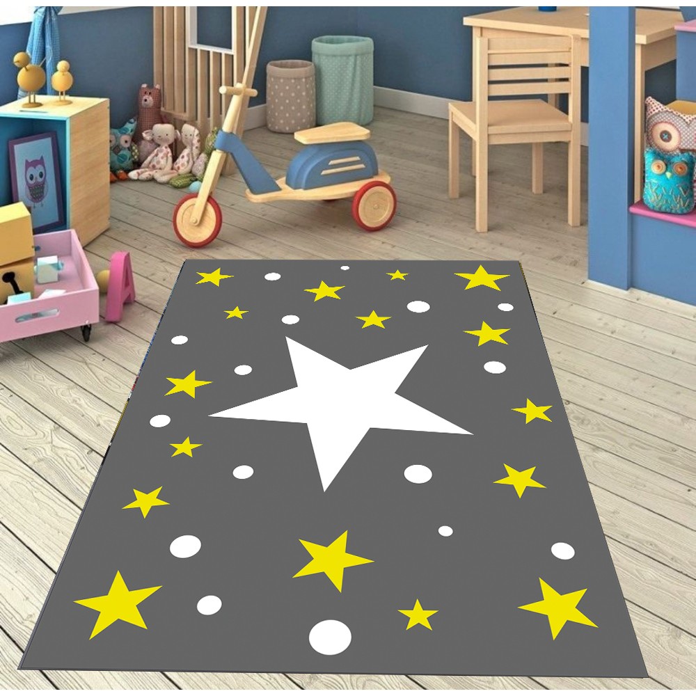 Yıldız Baskılı Yıkanabilir Çocuk Odası Halısı Gri - 80 x 150 cm