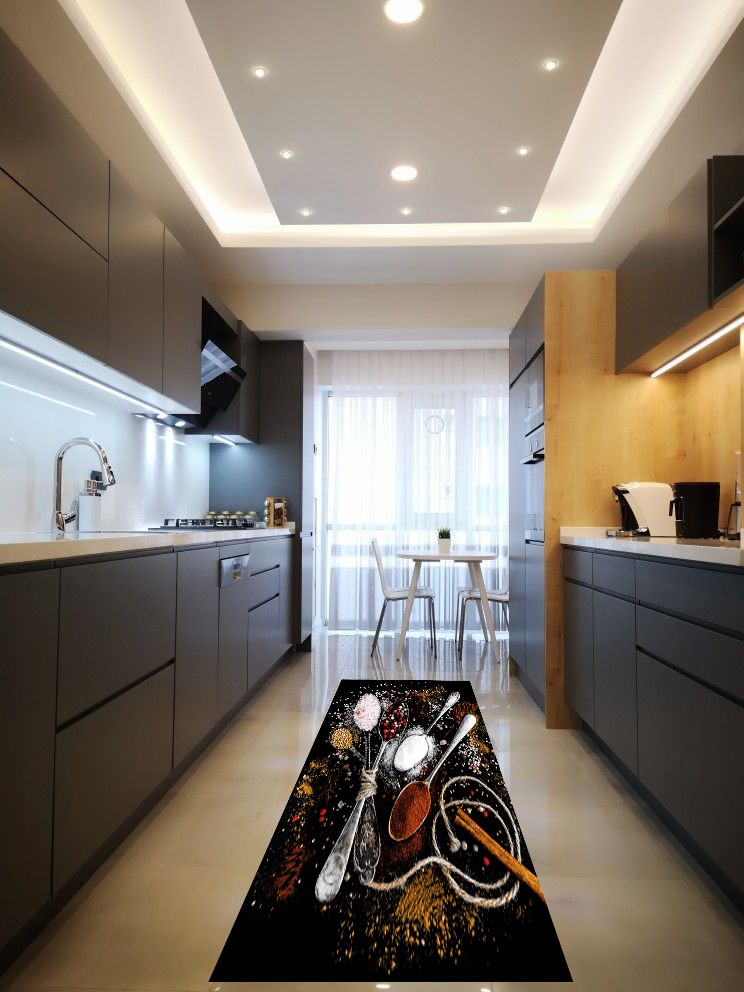 Kaşık Baskılı Yıkanabilir Kaymaz Taban Mutfak Halısı Siyah - 100 x 250 cm
