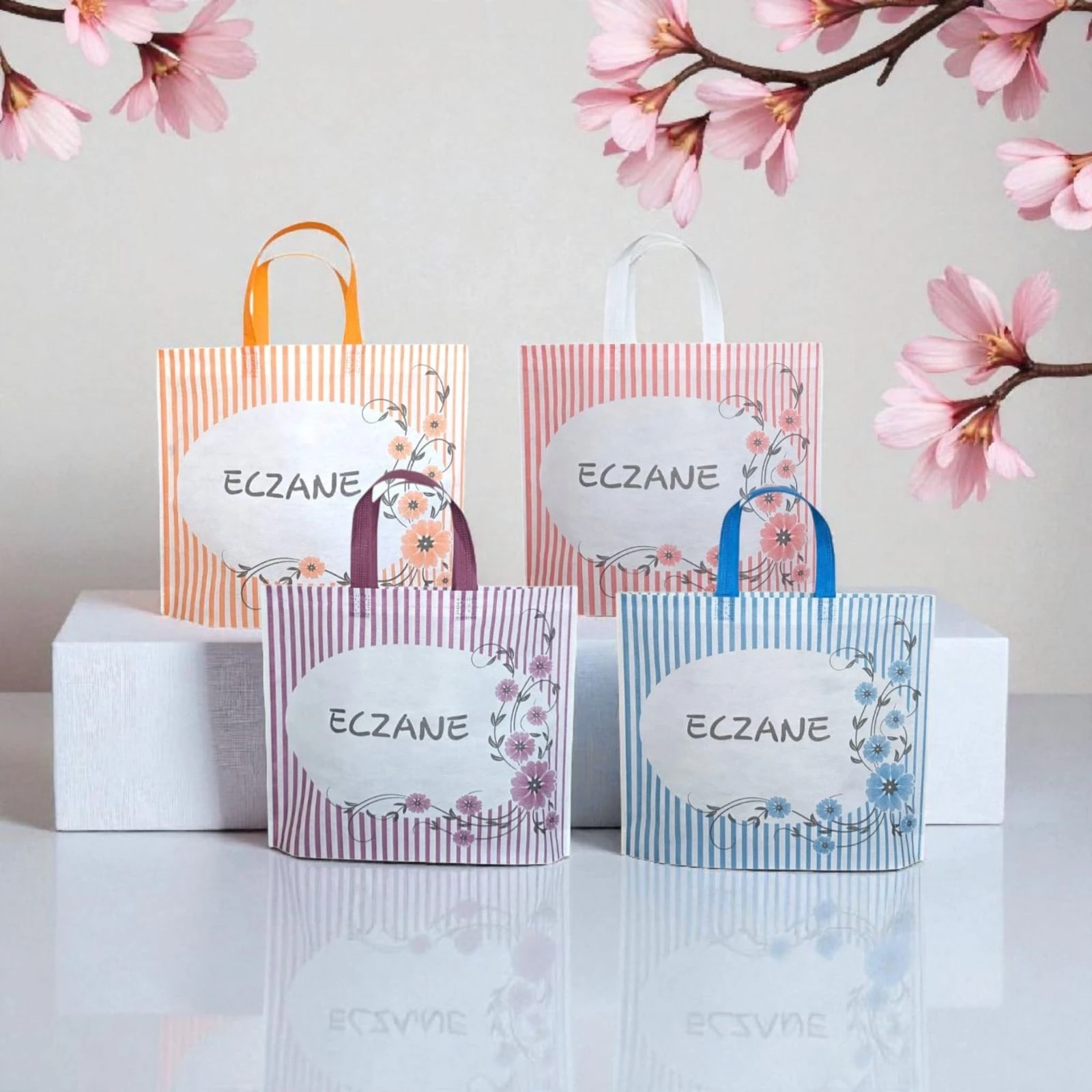 Emy Eczane Bez Çanta Kulplu Körüklü Petunya Desen Karma 40x33+7 Cm 50 Adet