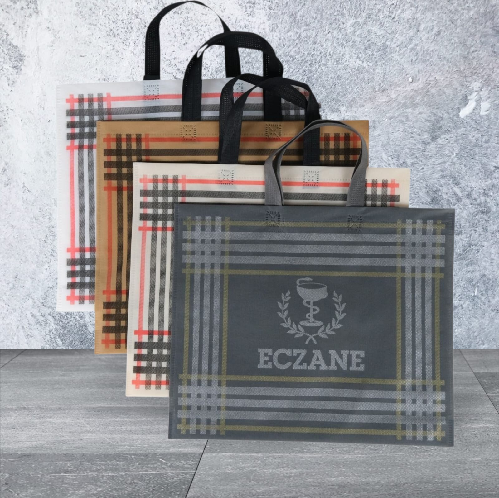 Eczane Bez Çanta Kulplu Körüklü Ekose Desen Karma 40x33+7 Cm 50 Adet