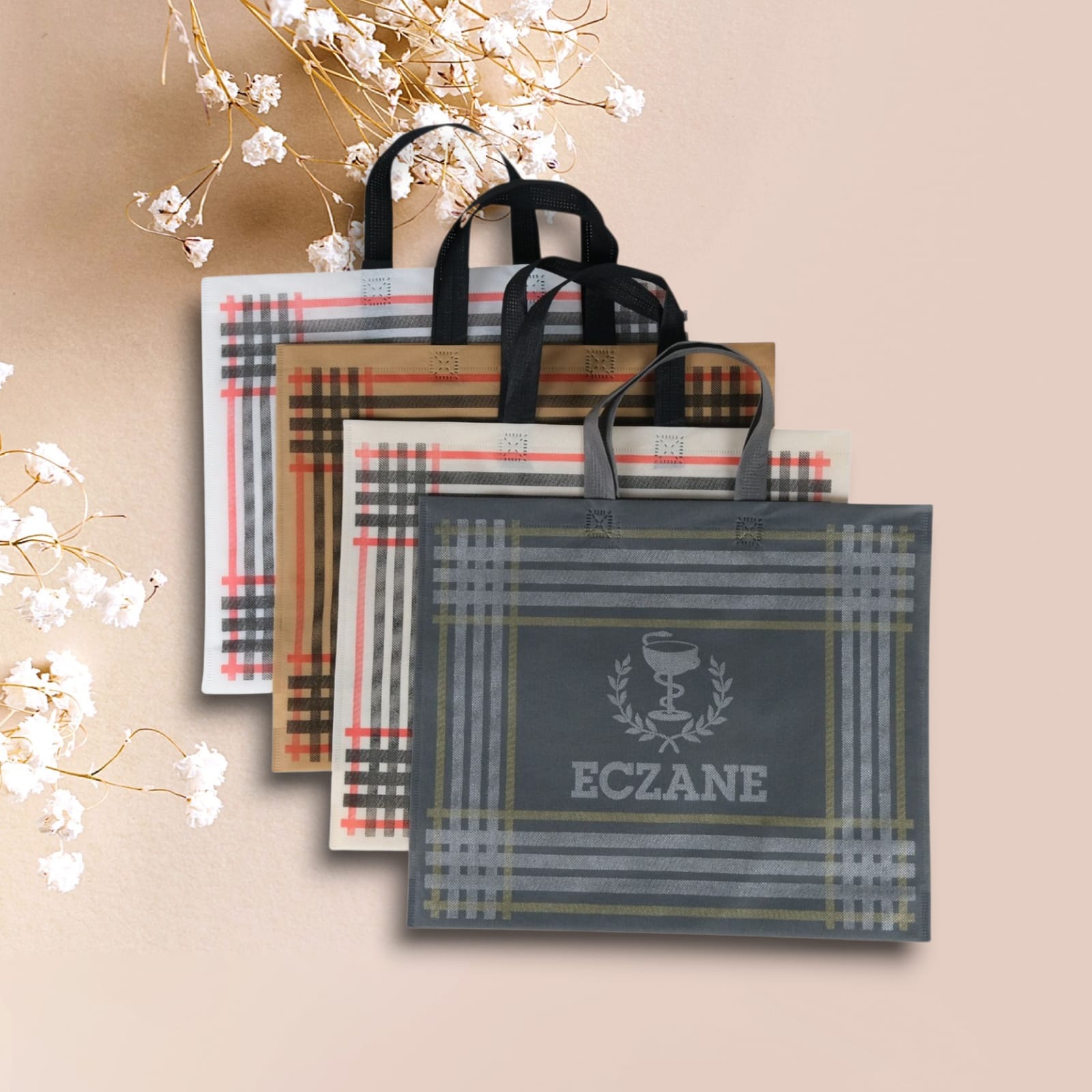 Eczane Bez Çanta Kulplu Körüklü Ekose Desen Karma 40x33+7 Cm 50 Adet