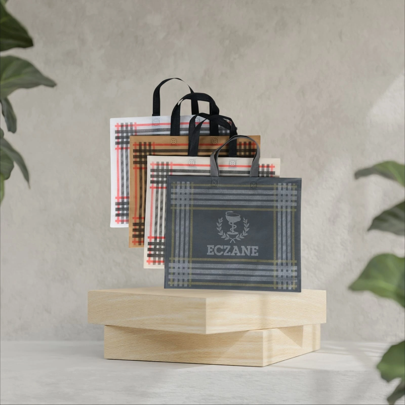 Eczane Bez Çanta Kulplu Körüklü Ekose Desen Karma 40x33+7 Cm 50 Adet