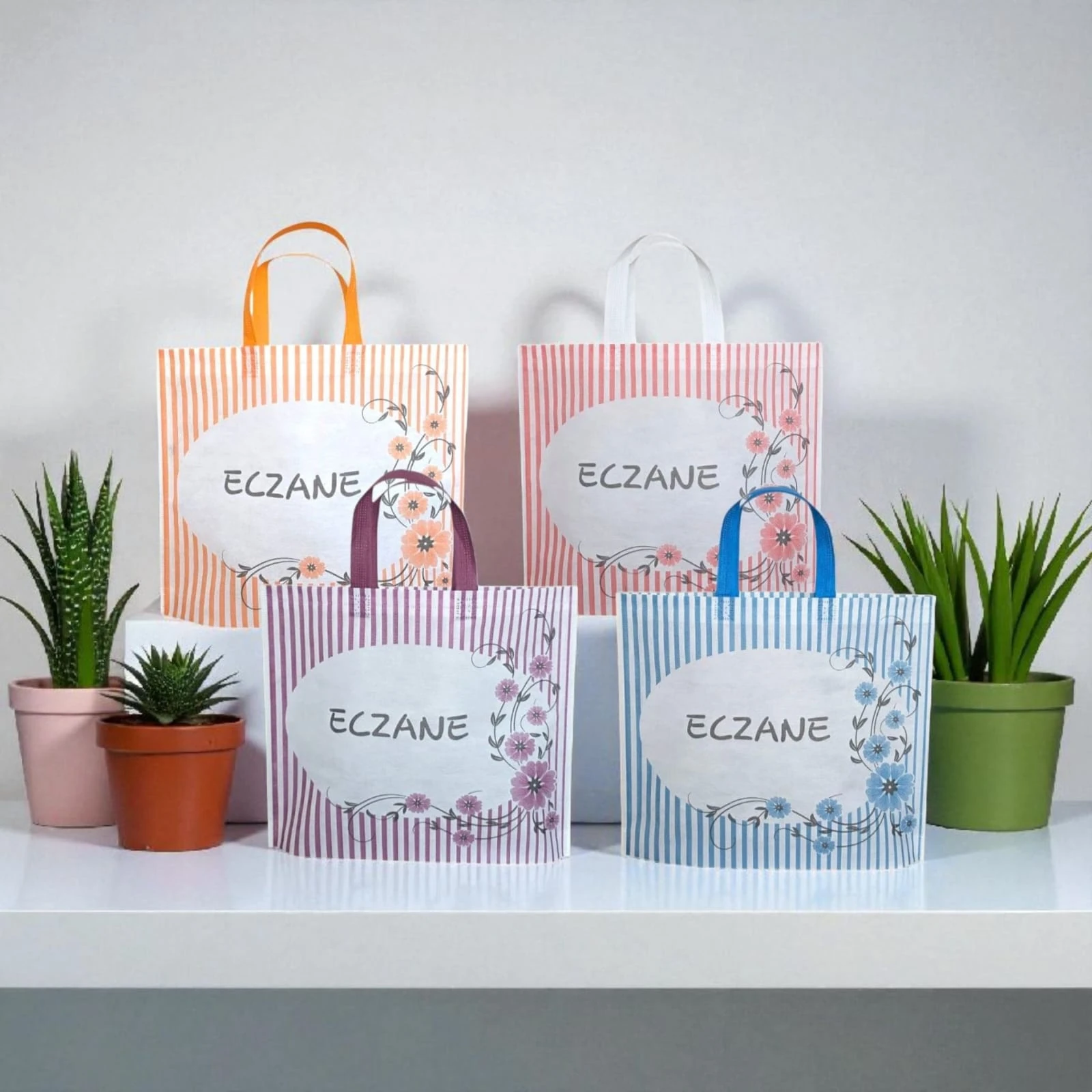 Emy Eczane Bez Çanta Kulplu Körüklü Petunya Desen Karma 40x33+7 Cm 50 Adet