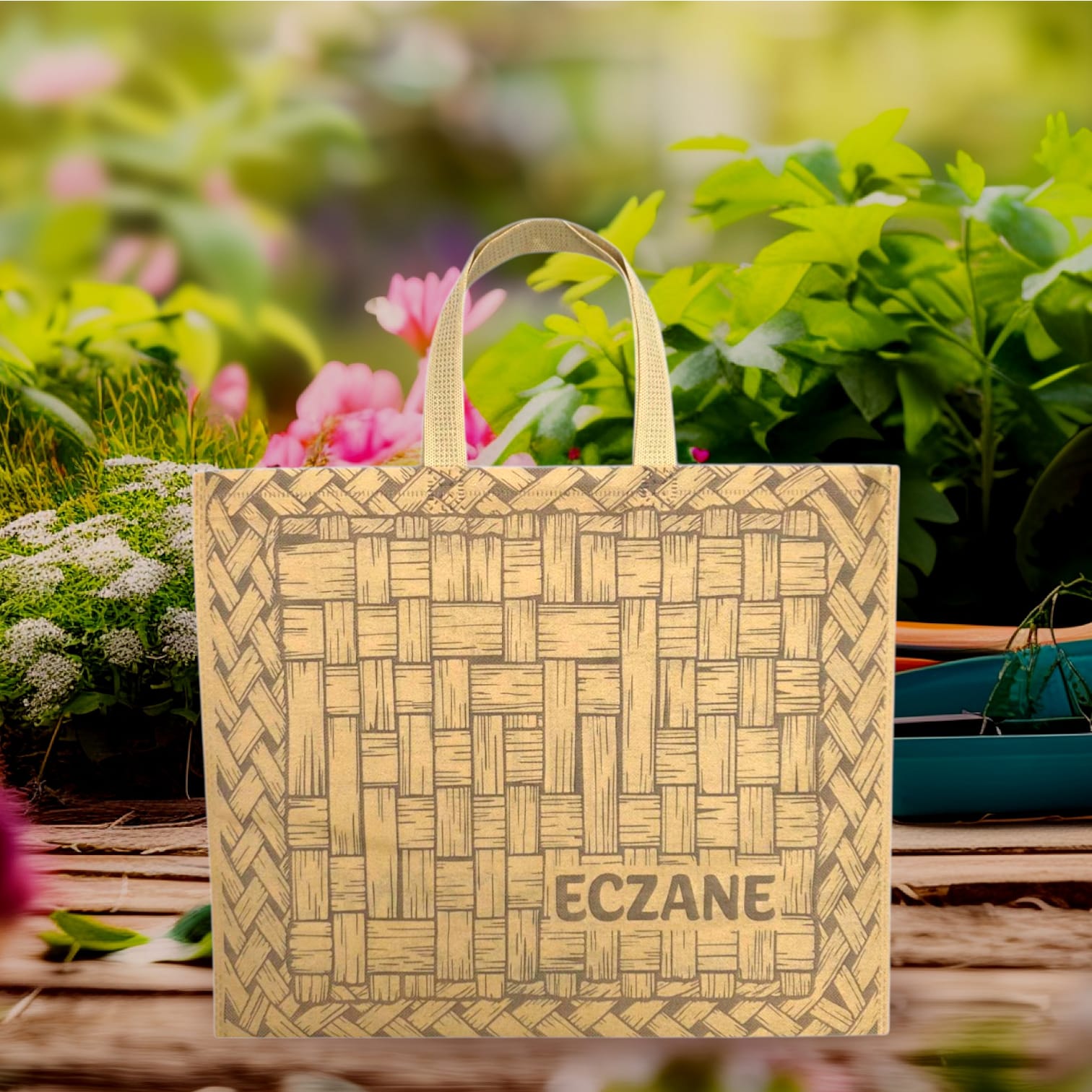 Emy Yeni Hasır Desen Körüklü Bez Çanta 40x34x7 cm 50 Adet