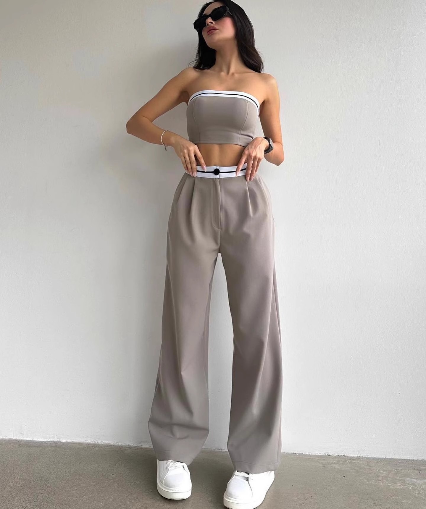 Crop Top Yüksek Bel Geniş Paça Pantolon Takım - Koyu Bej