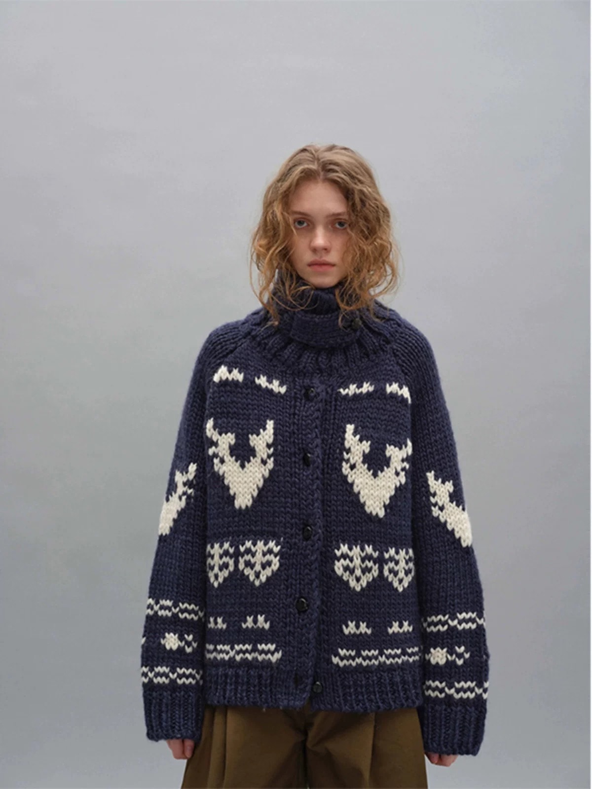 Desenli Kalın Örgülü Triko Hırka - Lacivert