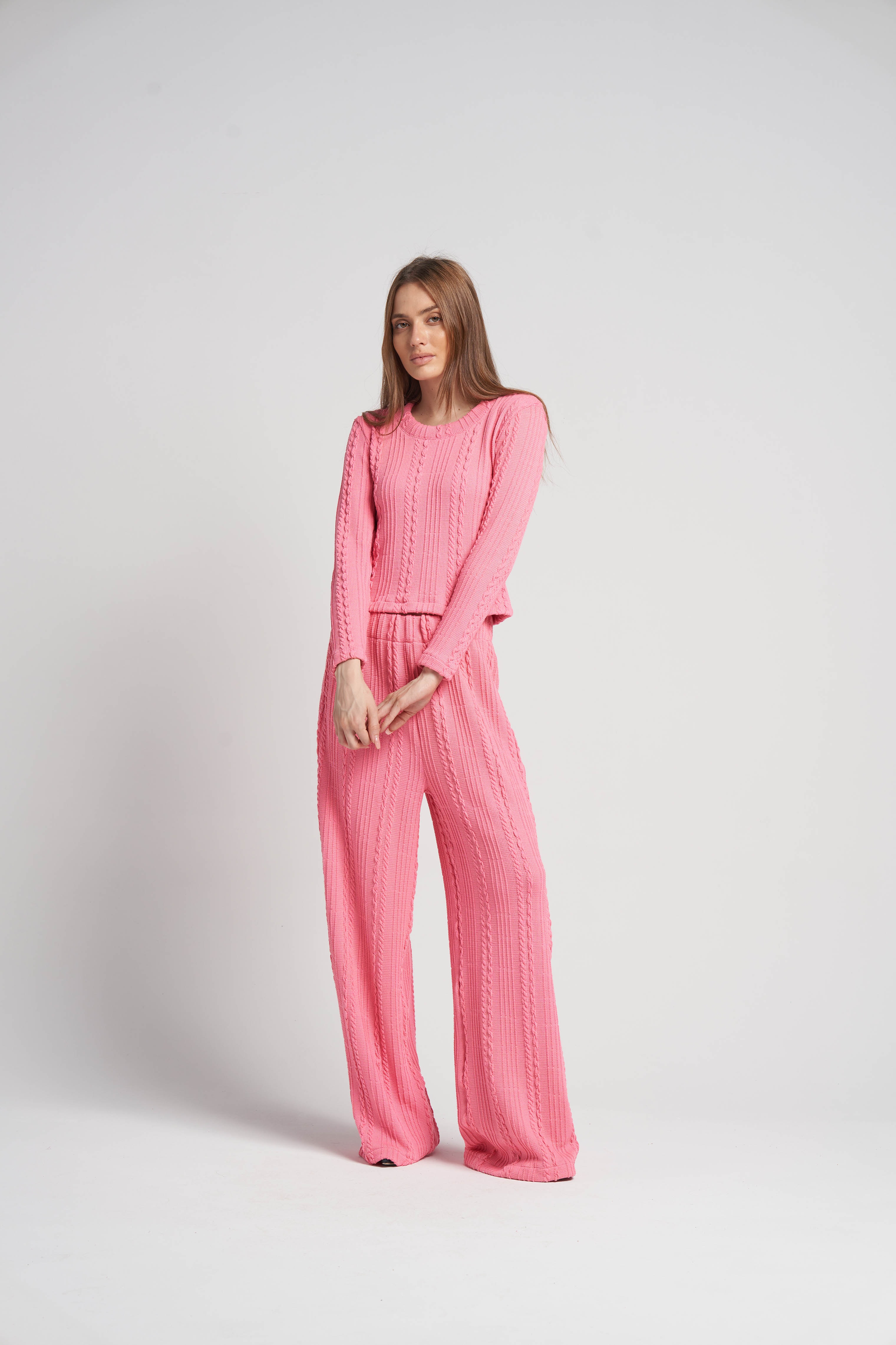 Tasarım Desenli Bluz Pantolon Triko Takım - Pembe