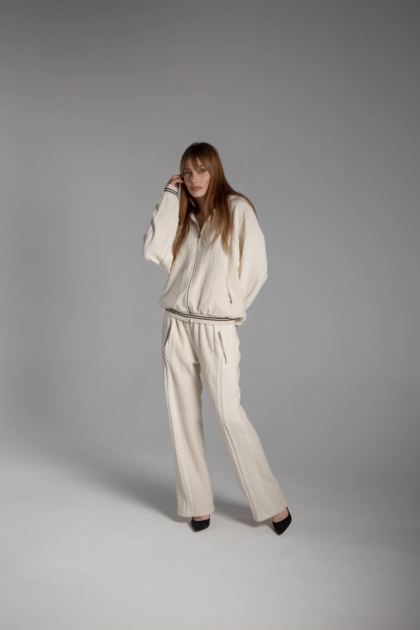 Kapüşonlu Fermuarlı Beli Lastikli Yünlü Kombin Triko Takım