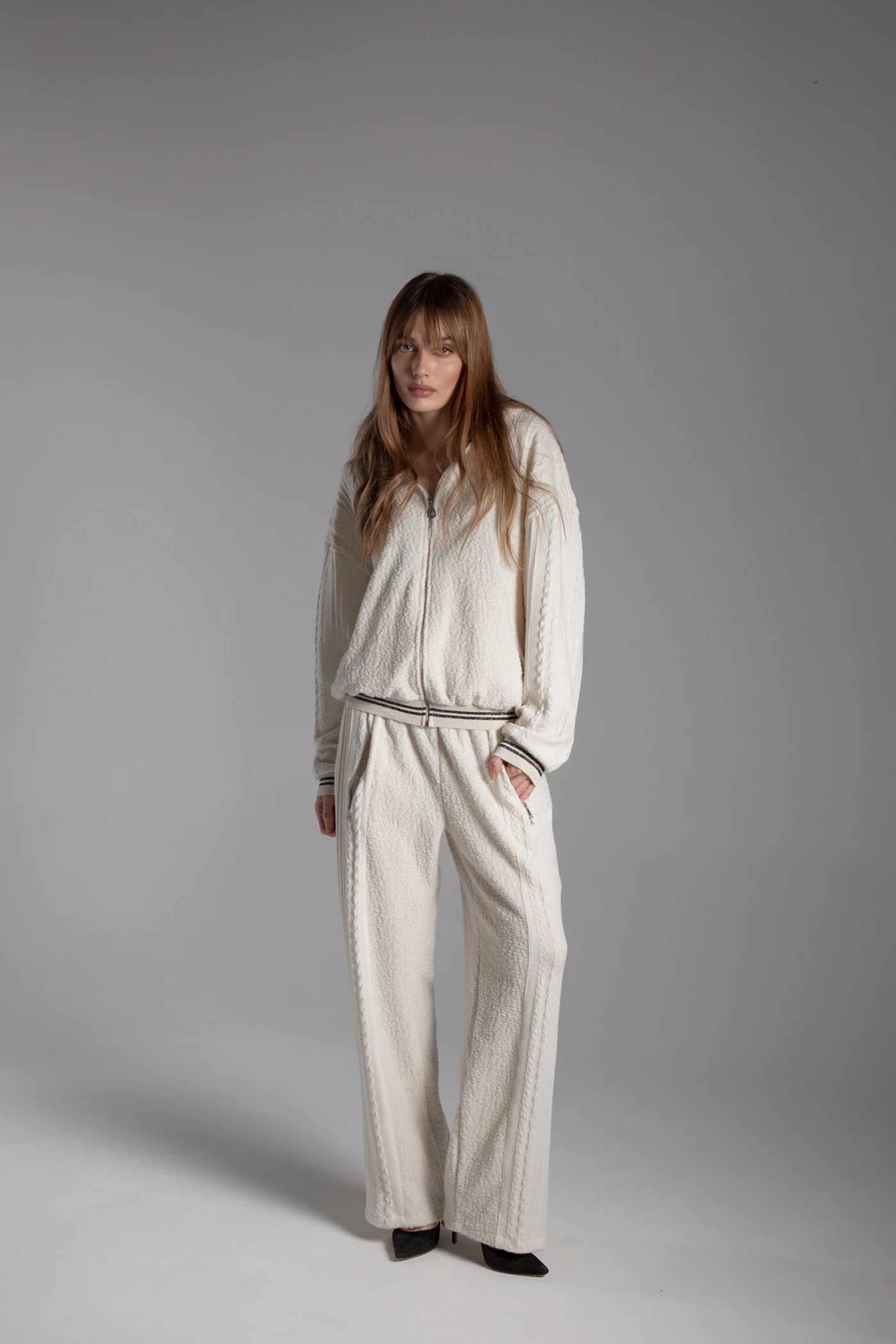 Kapüşonlu Fermuarlı Beli Lastikli Yünlü Kombin Triko Takım