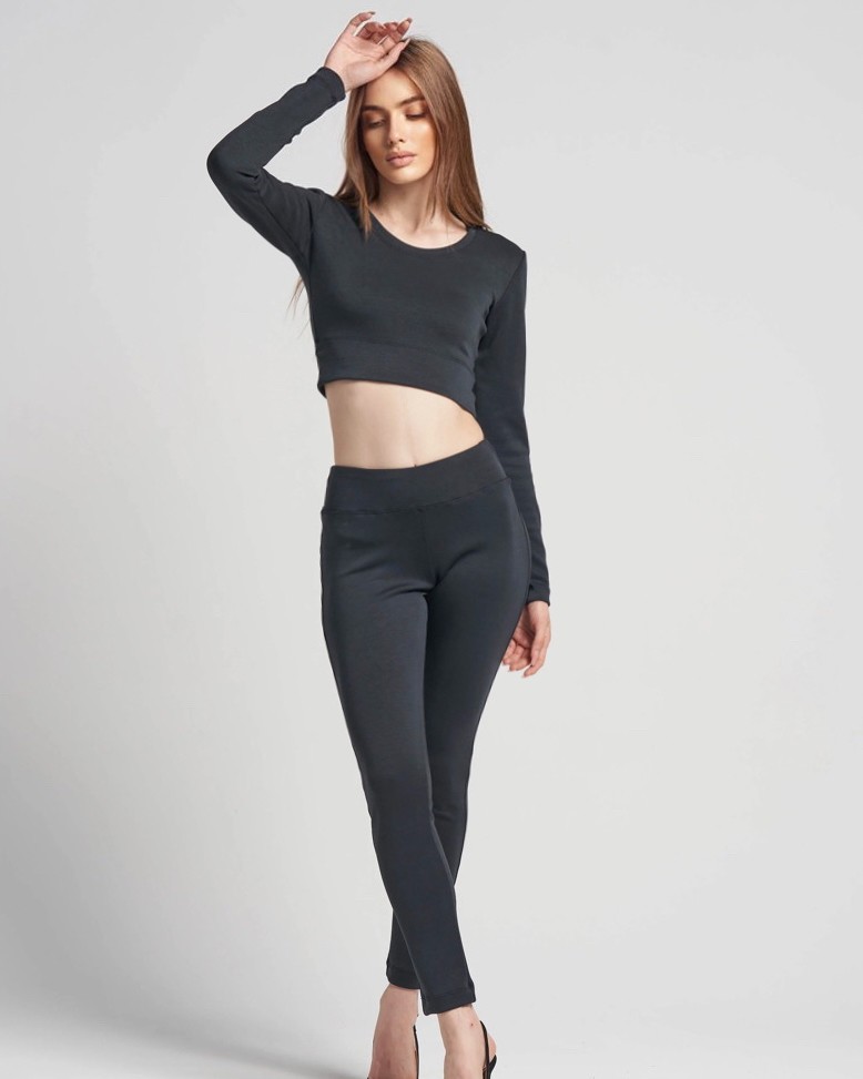 GREY-Yumuşak Dokulu Konfor Modal Uzun Kollu Spor Crop Bluz