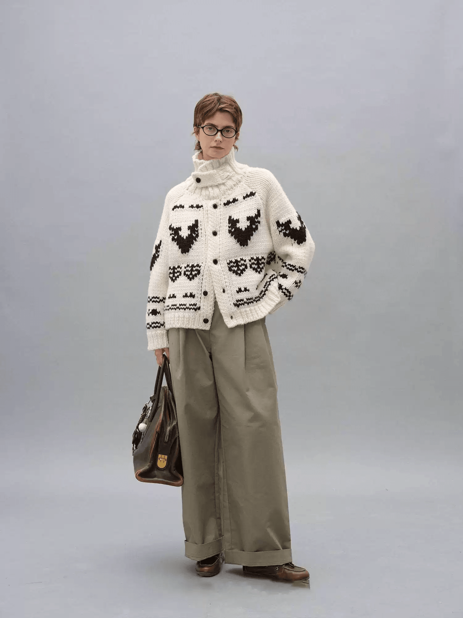 Desenli Kalın Örgülü Triko Hırka - Krem