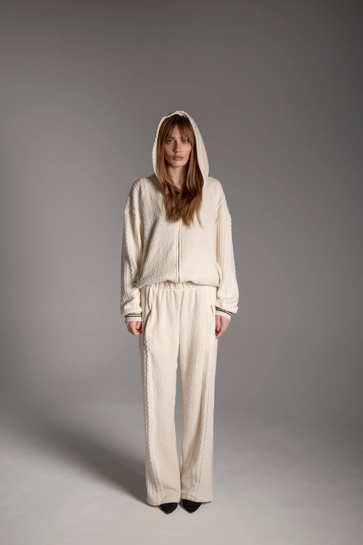 Kapüşonlu Fermuarlı Beli Lastikli Yünlü Kombin Triko Takım