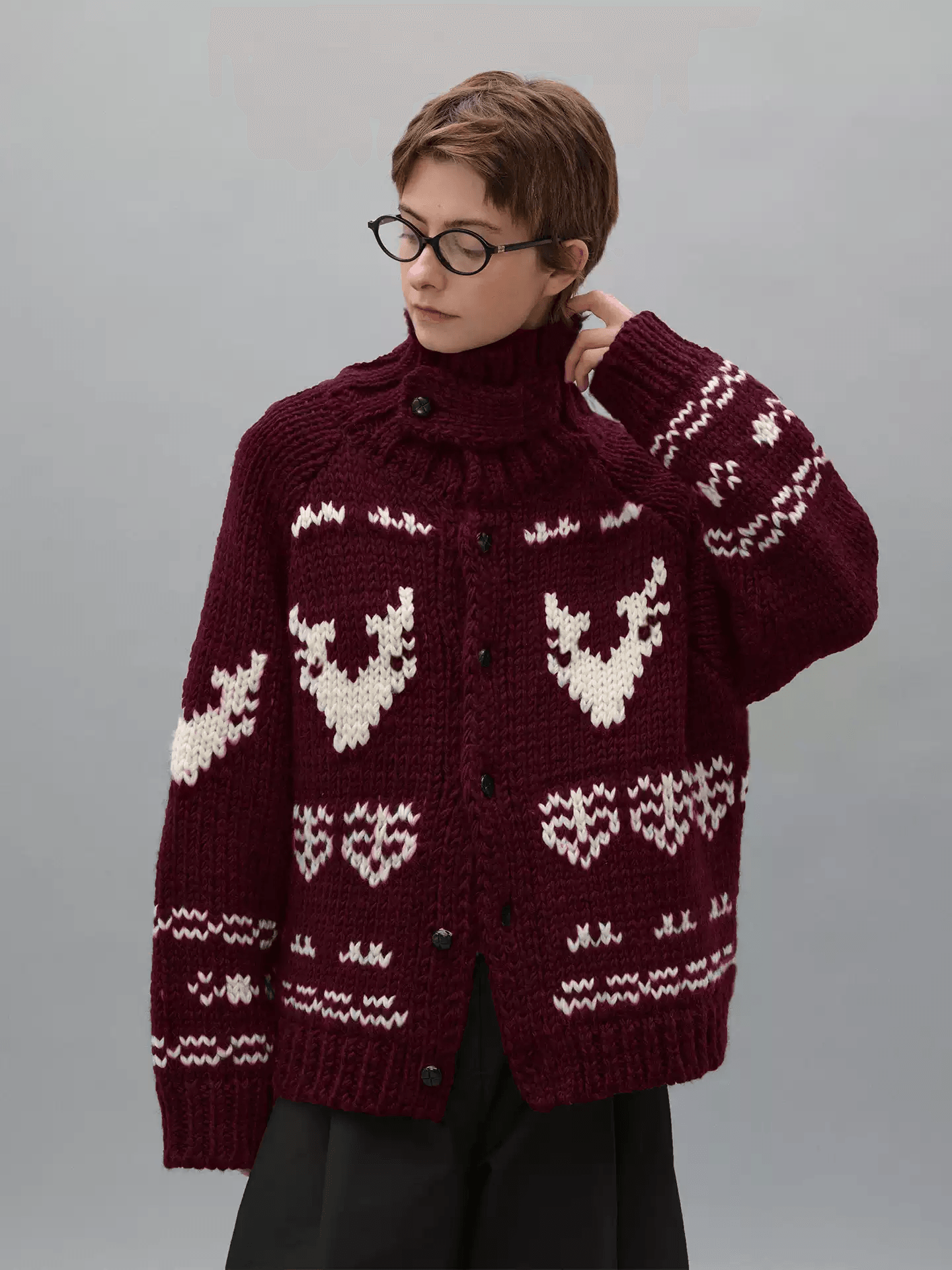 Desenli Kalın Örgülü Triko Hırka - Bordo