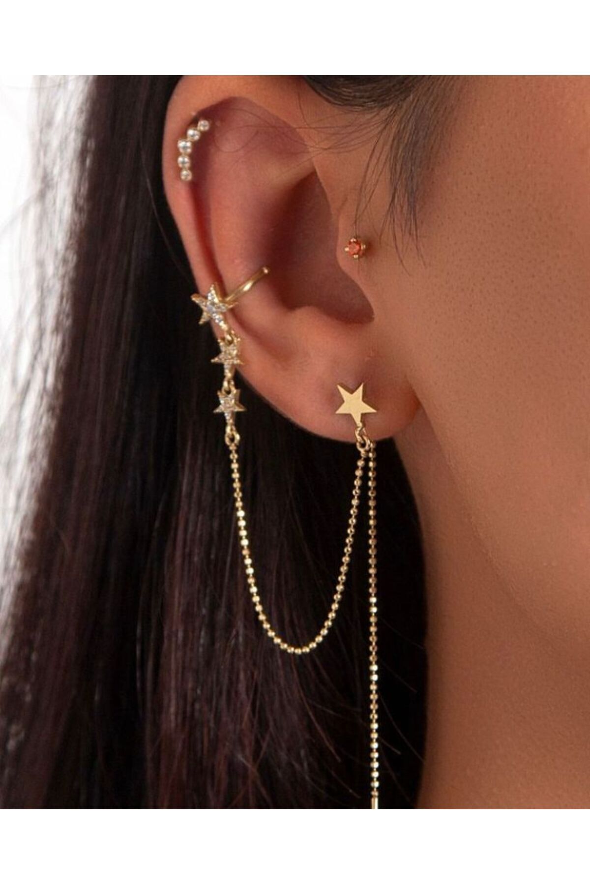 Yıldız Detaylı Altın Earcuff Kıkırdak Küpe Piercing