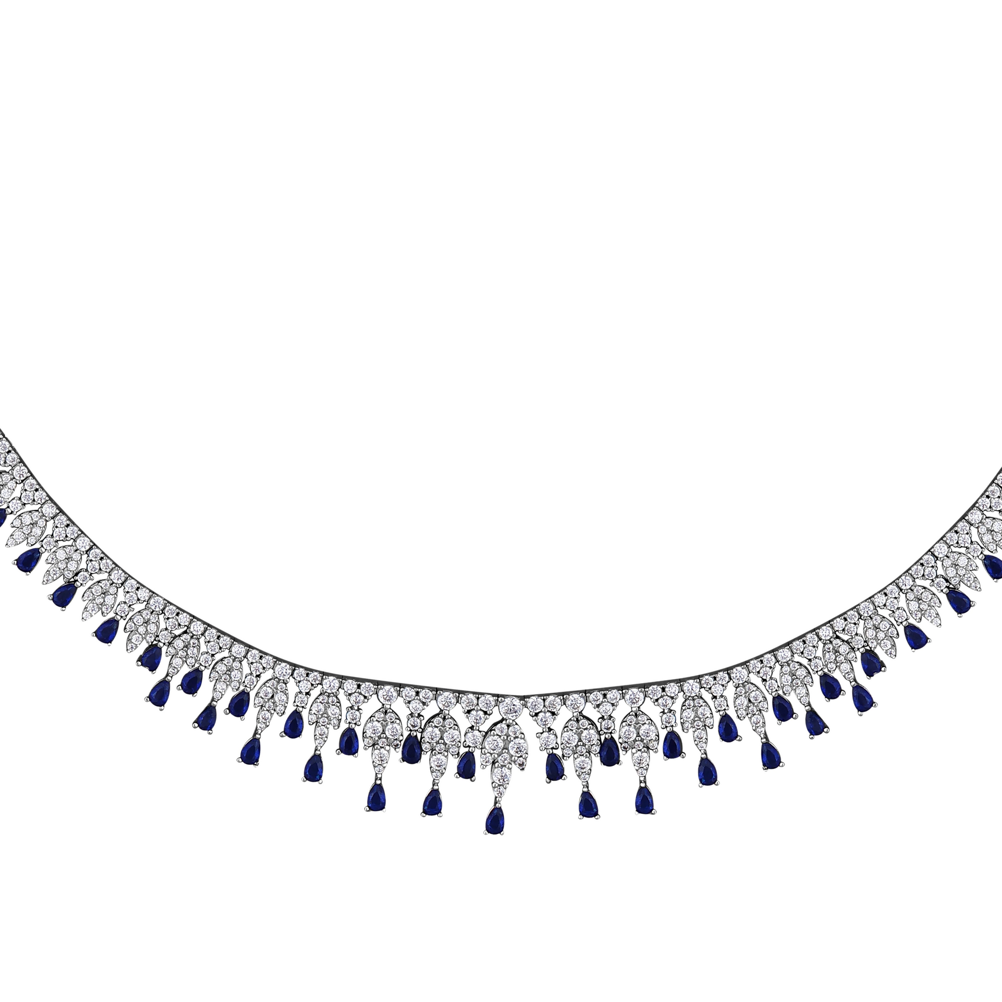 Lacivert Taş Detaylı Swarovski Beyaz Altın Set
