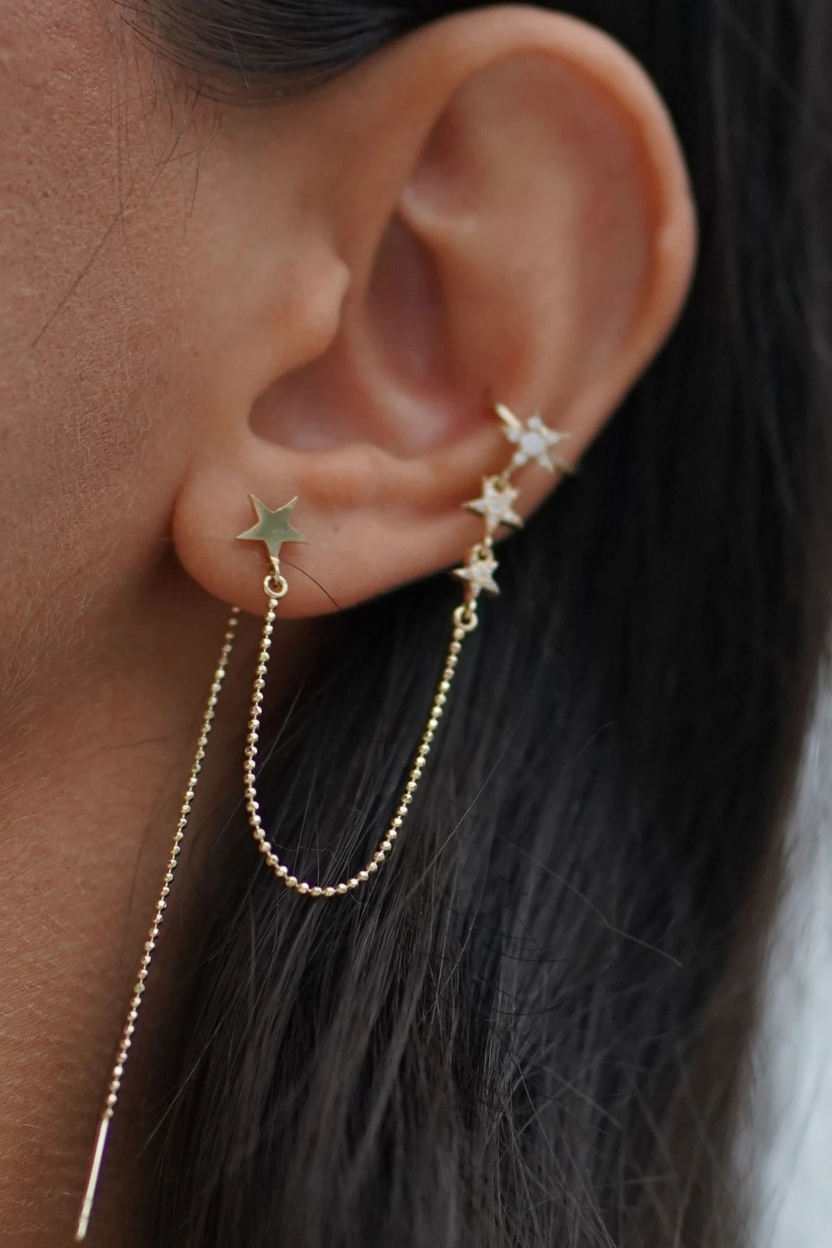 Yıldız Detaylı Altın Earcuff Kıkırdak Küpe Piercing
