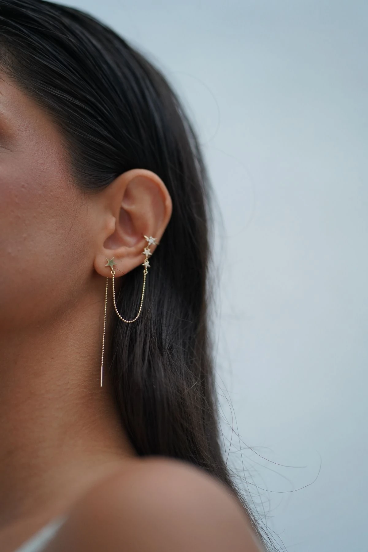 Yıldız Detaylı Altın Earcuff Kıkırdak Küpe Piercing