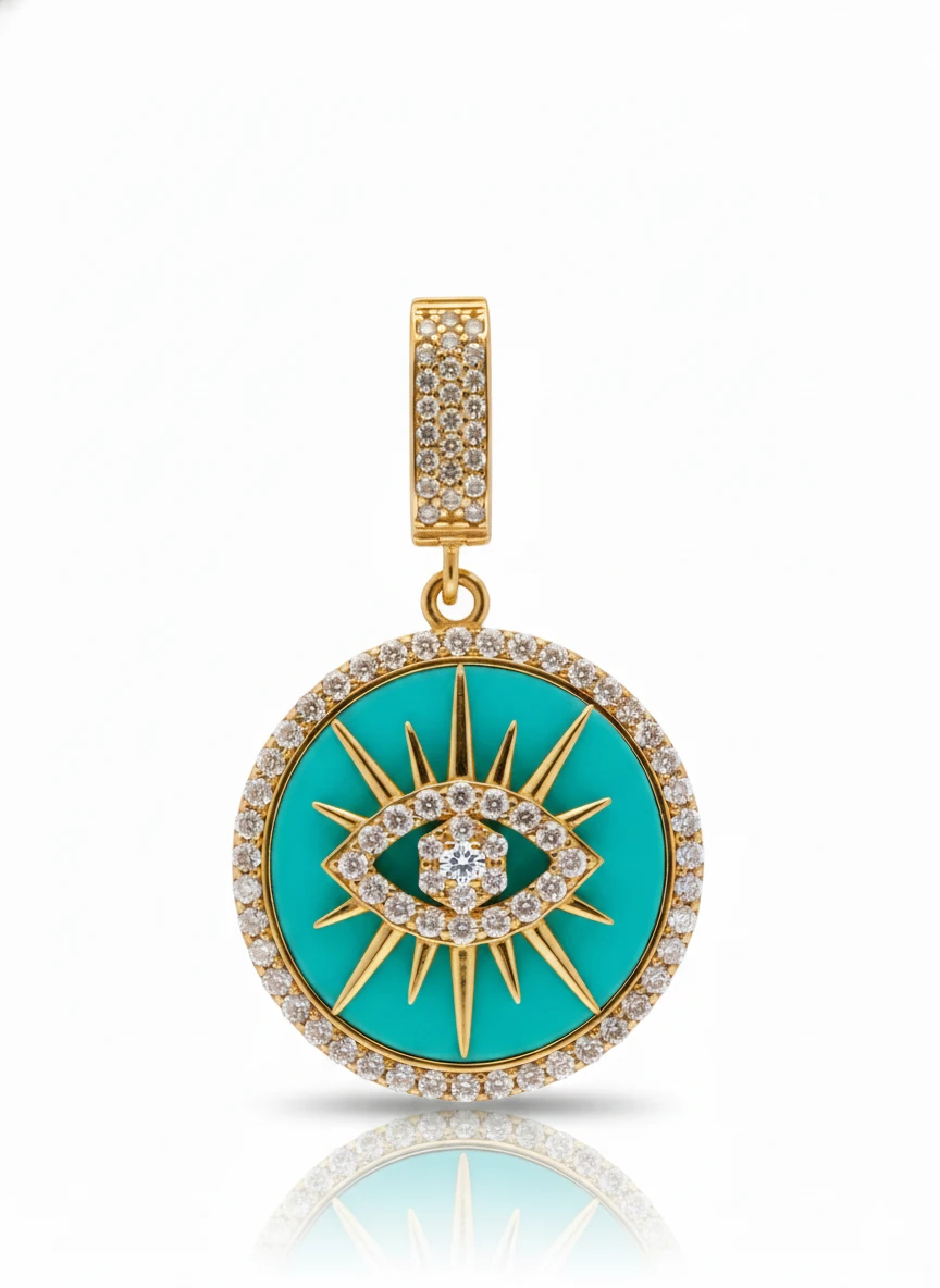 Yuvarlak Kirpik Mavi Mineli Altın Kolye Ucu