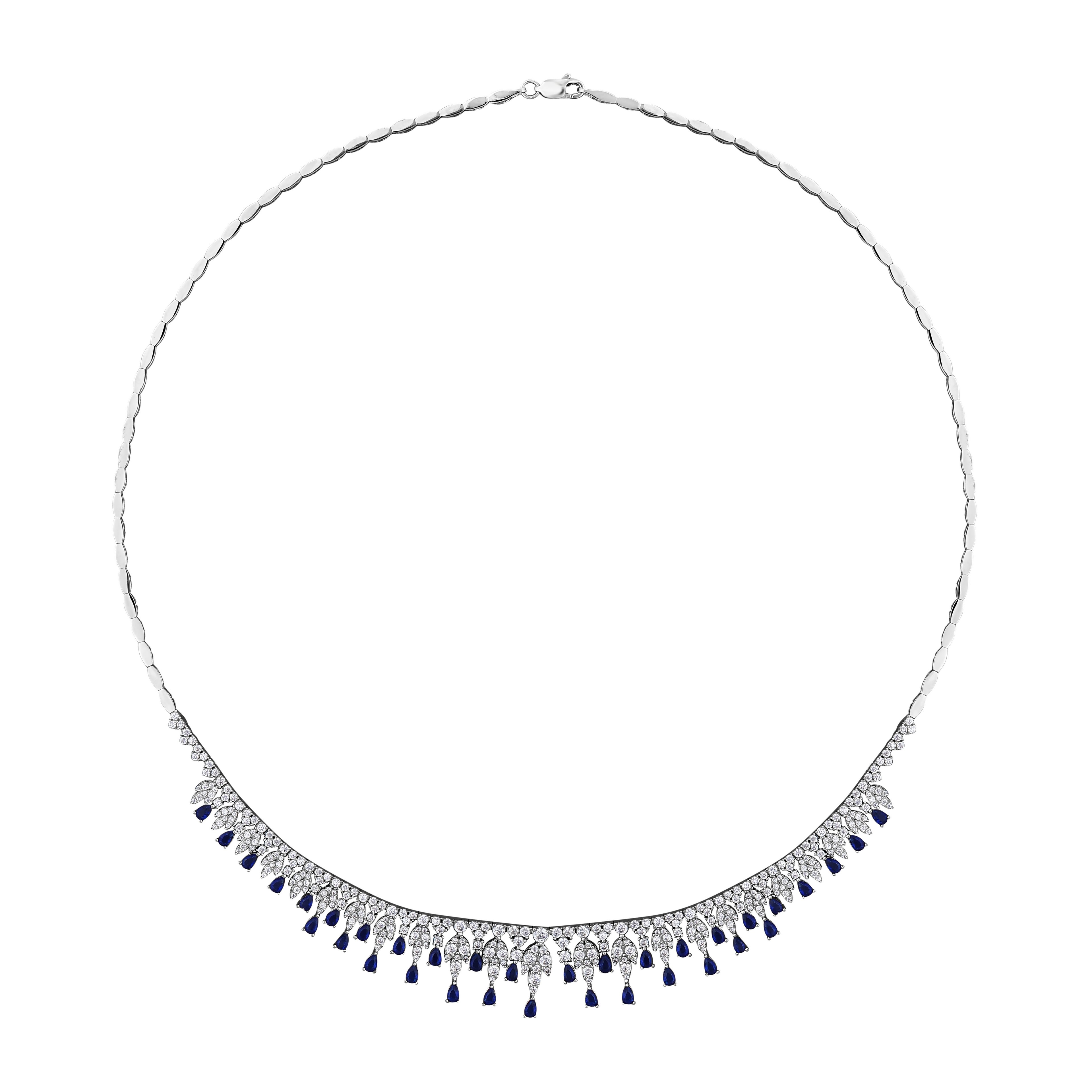 Lacivert Taş Detaylı Swarovski Beyaz Altın Set