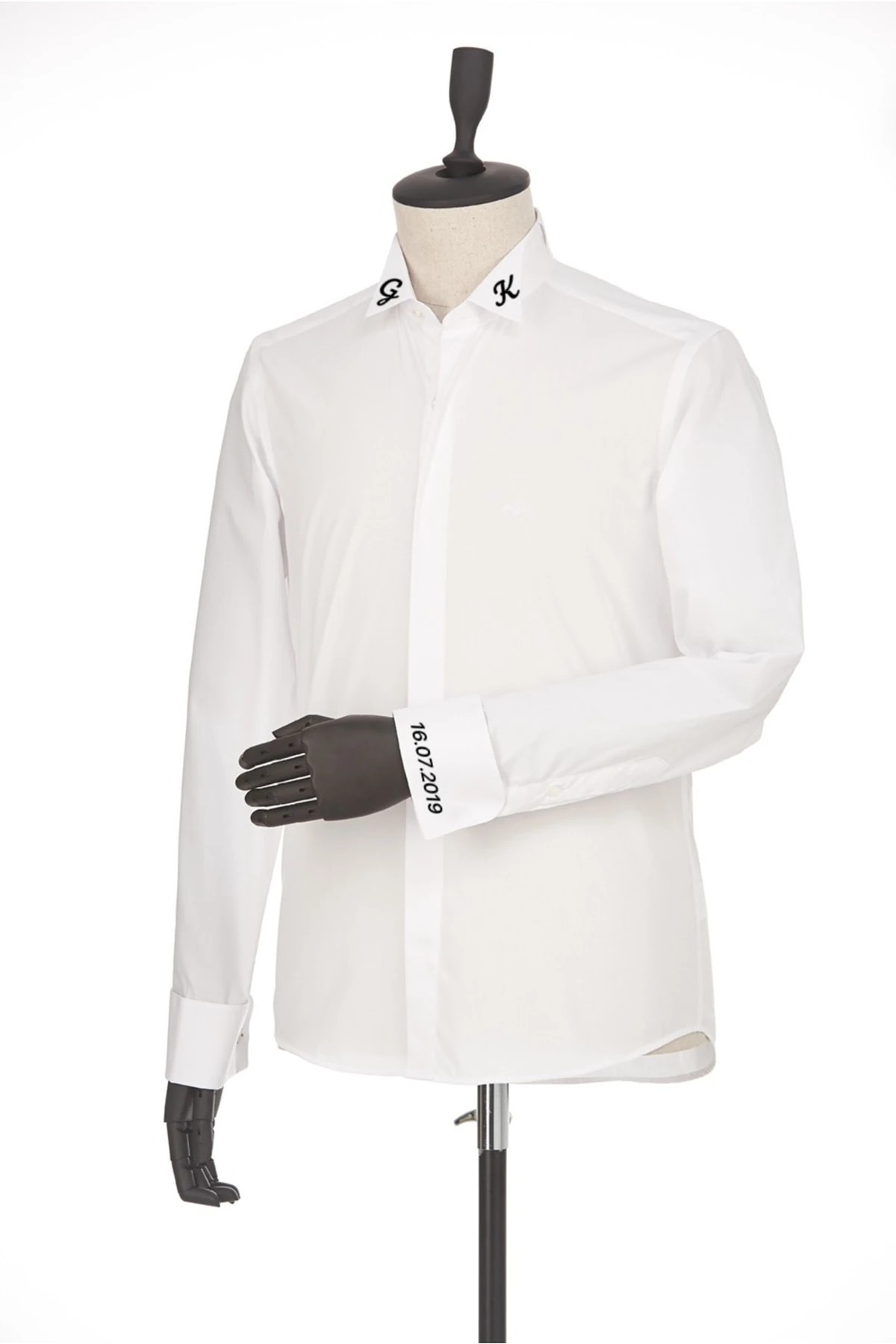 Beyaz Kişiye Özel Dikim Damatlık Ata Yaka Isimli Nakışlı Erkek Gömlek