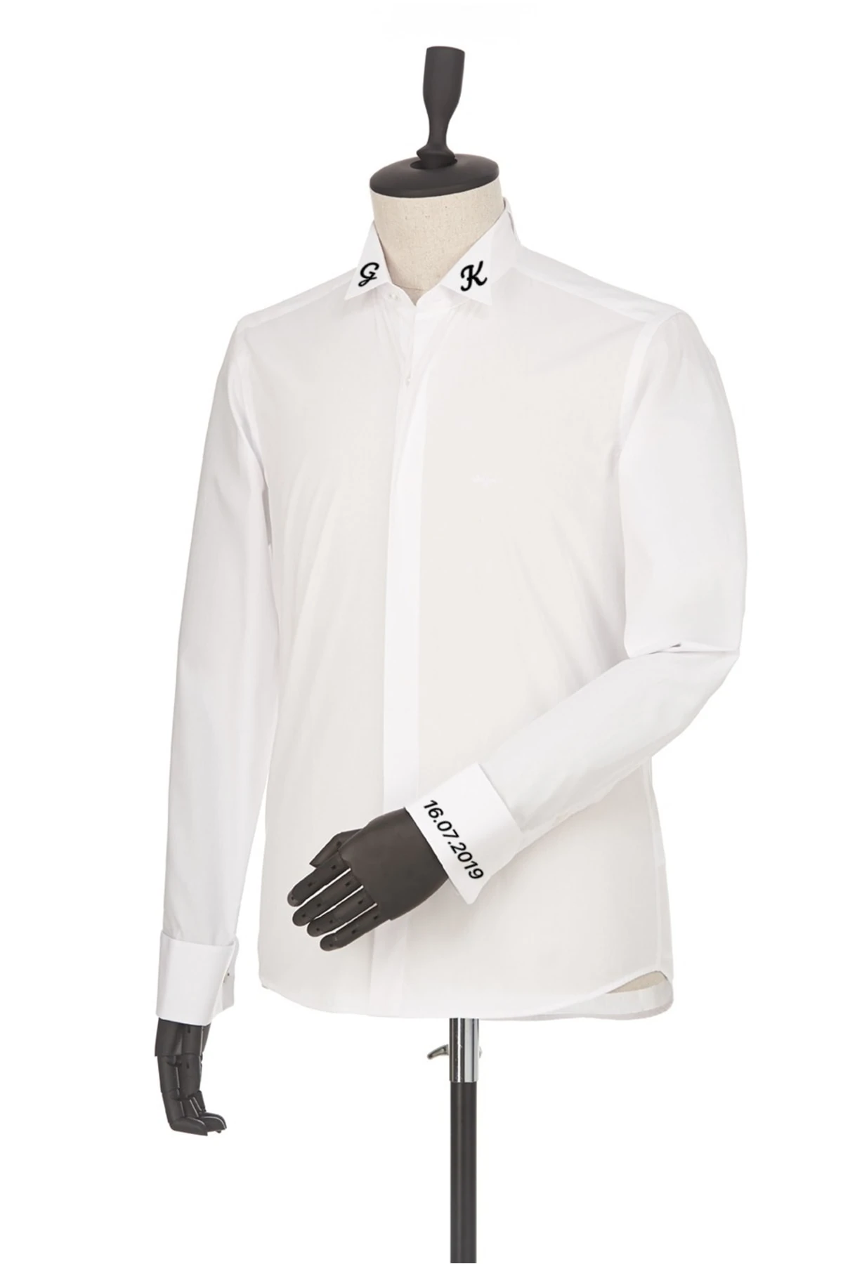 Beyaz Kişiye Özel Dikim Damatlık Ata Yaka Isimli Nakışlı Erkek Gömlek