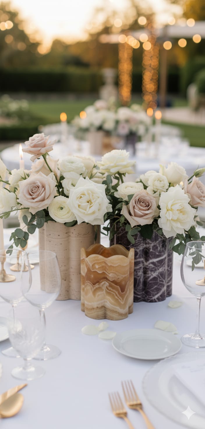 Collection de Vases « Aurea » – Travertin, Onyx & Rosso Levanto