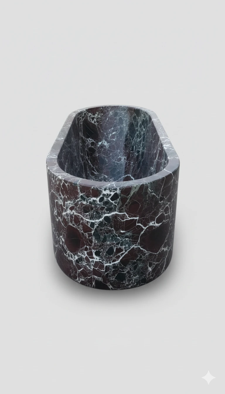 Baignoire Baignoire en Rosso Levanto en marbre naturel : design élégant, tons rouges profonds et veinage unique. Sur mesure, durable et facile à entretenir, elle transforme votre salle de bain en un espace luxueux et raffiné, alliant confoen Rosso Levanto