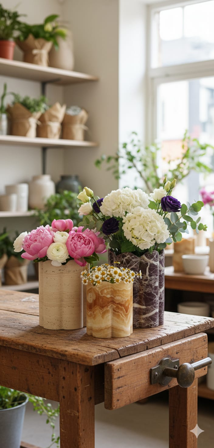 Collection de Vases « Aurea » – Travertin, Onyx & Rosso Levanto