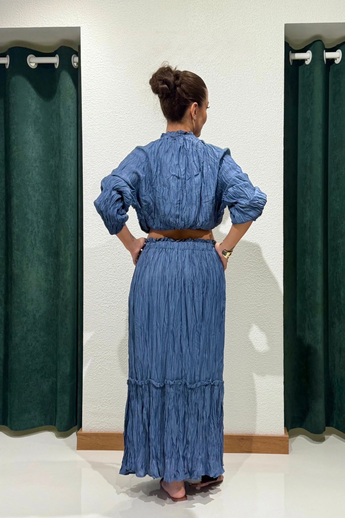 PLİSELİ YAKA BAĞLAMALI TAKIM - Mavi