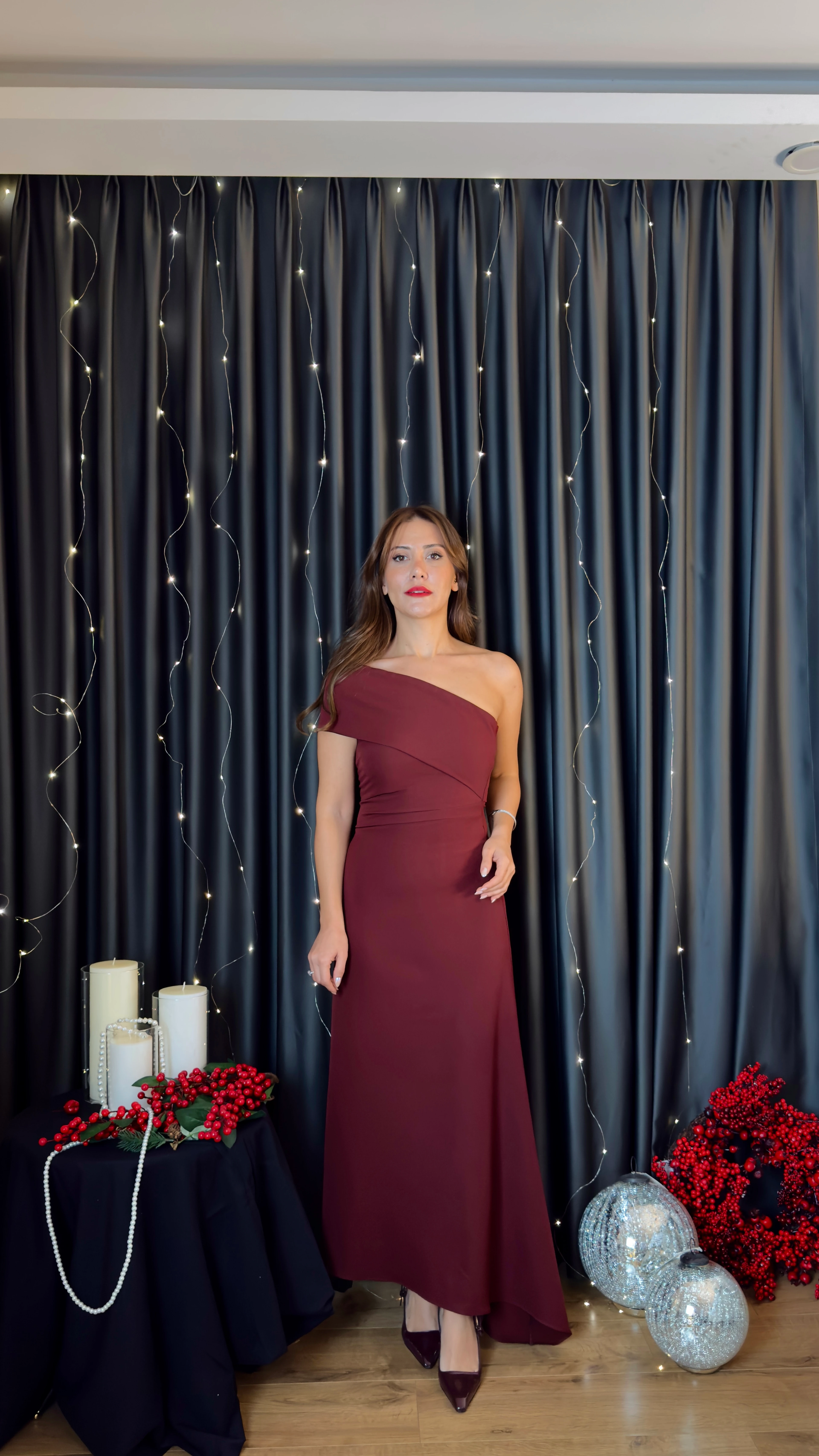 Tek Omuz Asimetrik Midi Elbise - Bordo